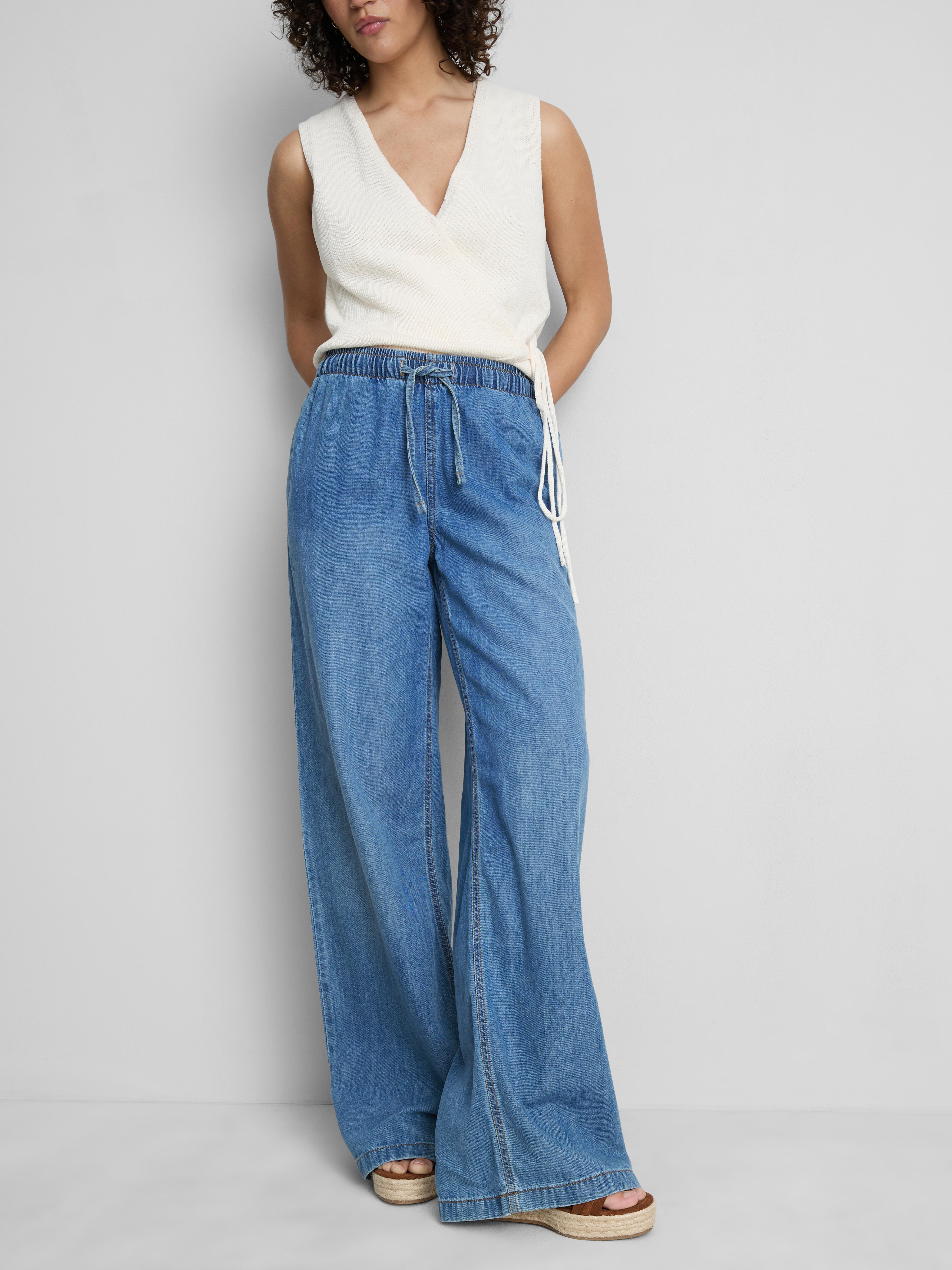 Cotton Denim Wide Leg Drawstring Joggers