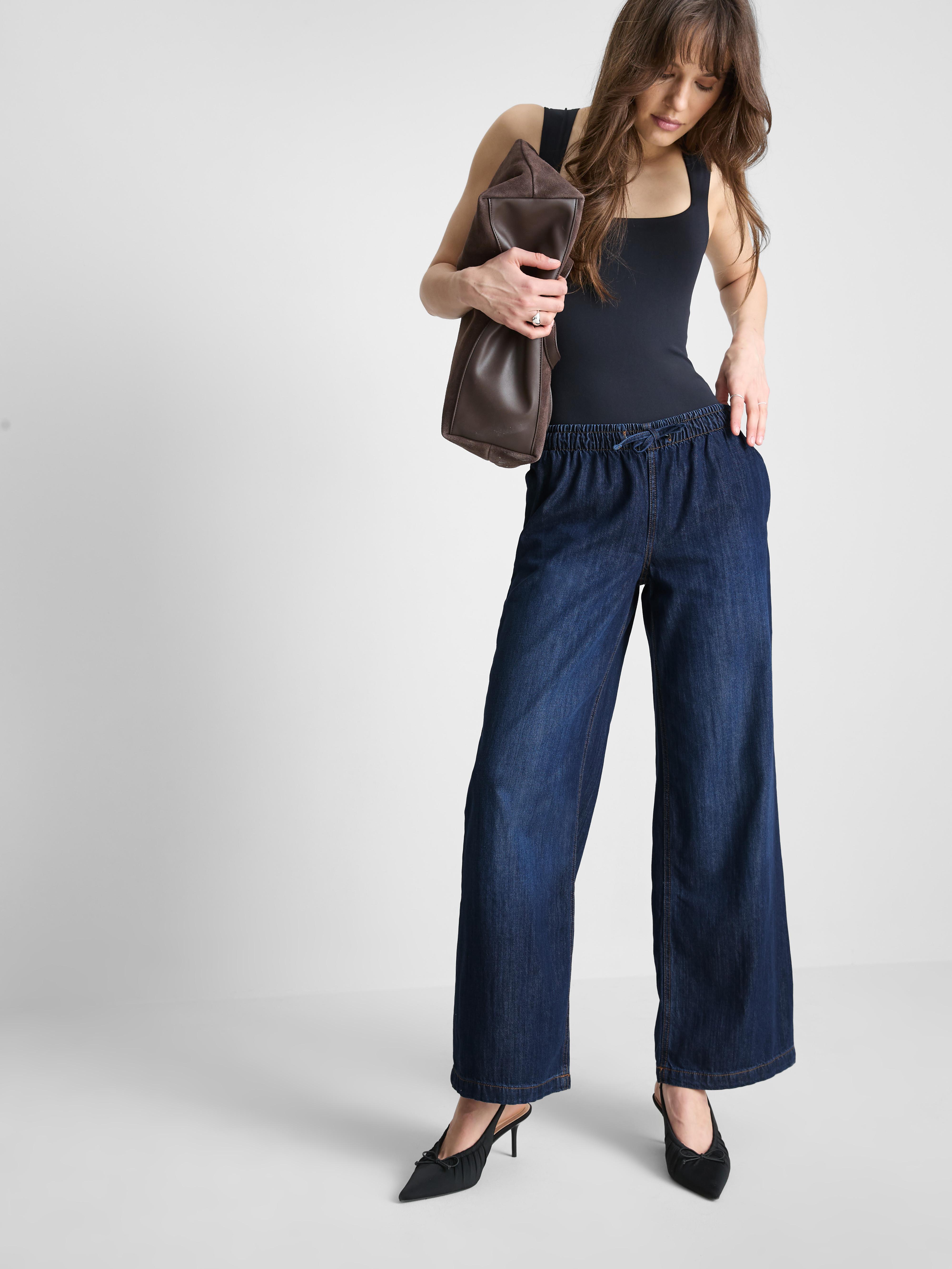 Cotton Denim Wide Leg Drawstring Joggers