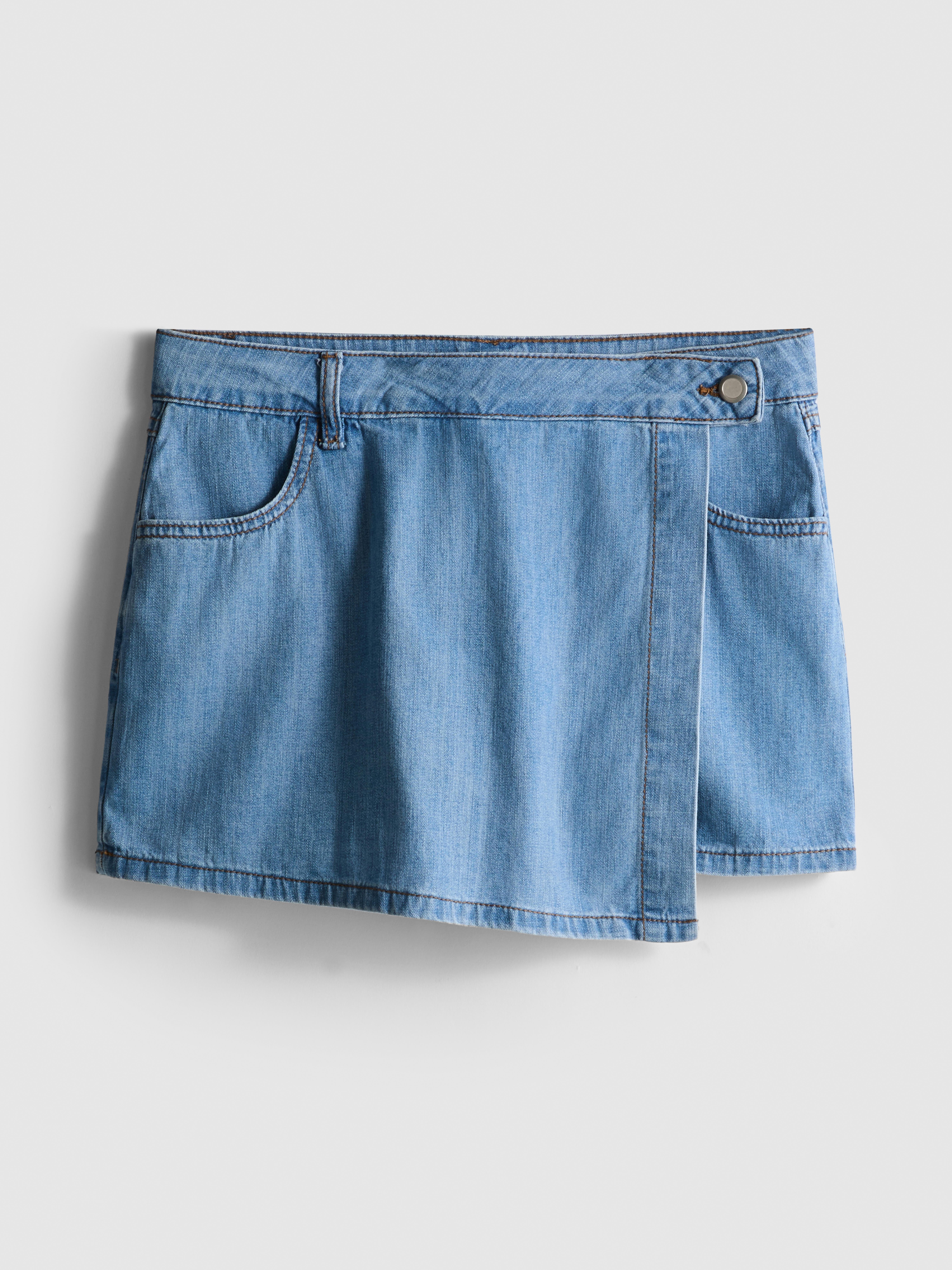 Cotton Denim Asymmetric Wrap Skort