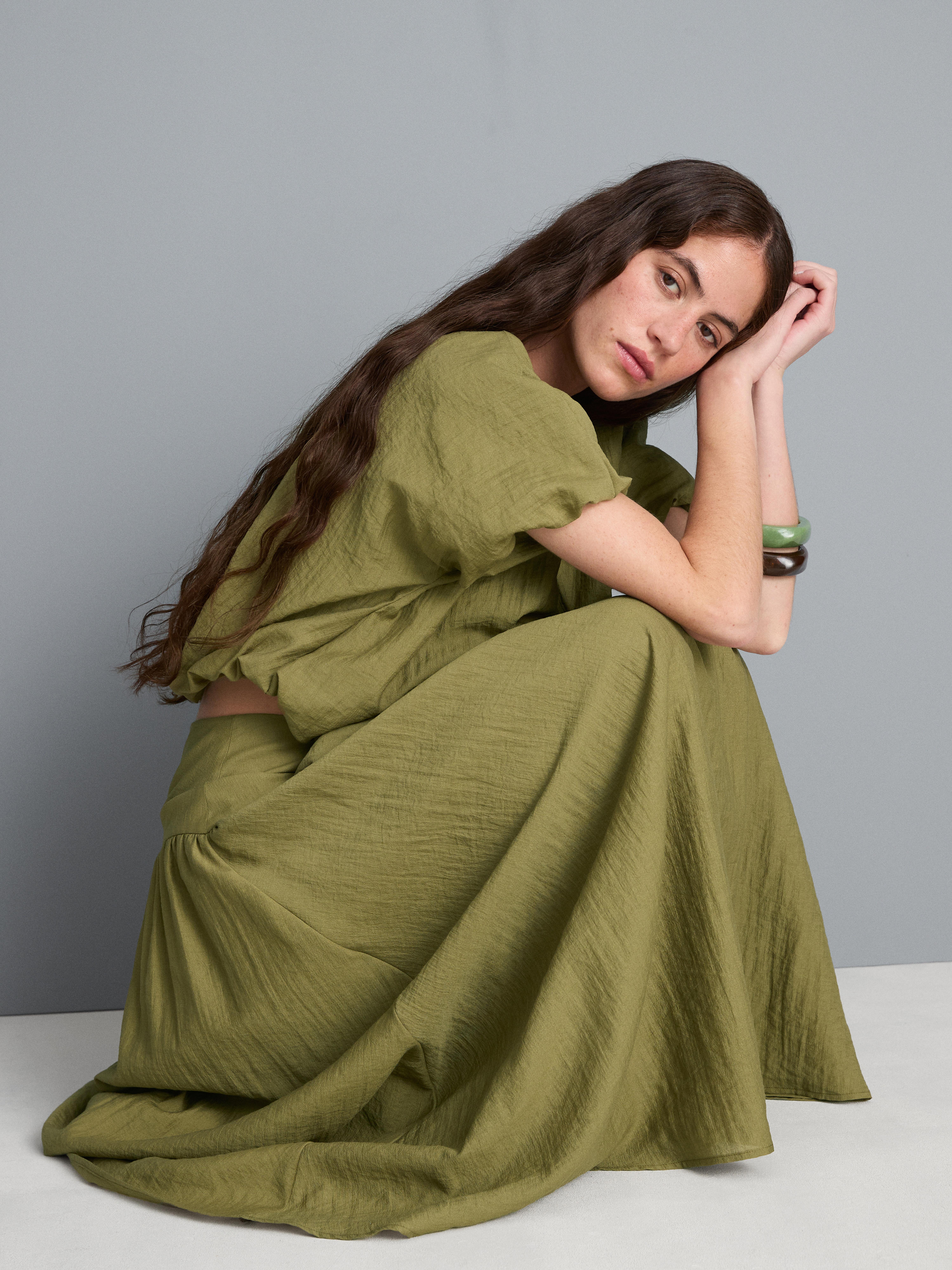 Dropped-Waist Midi Skirt