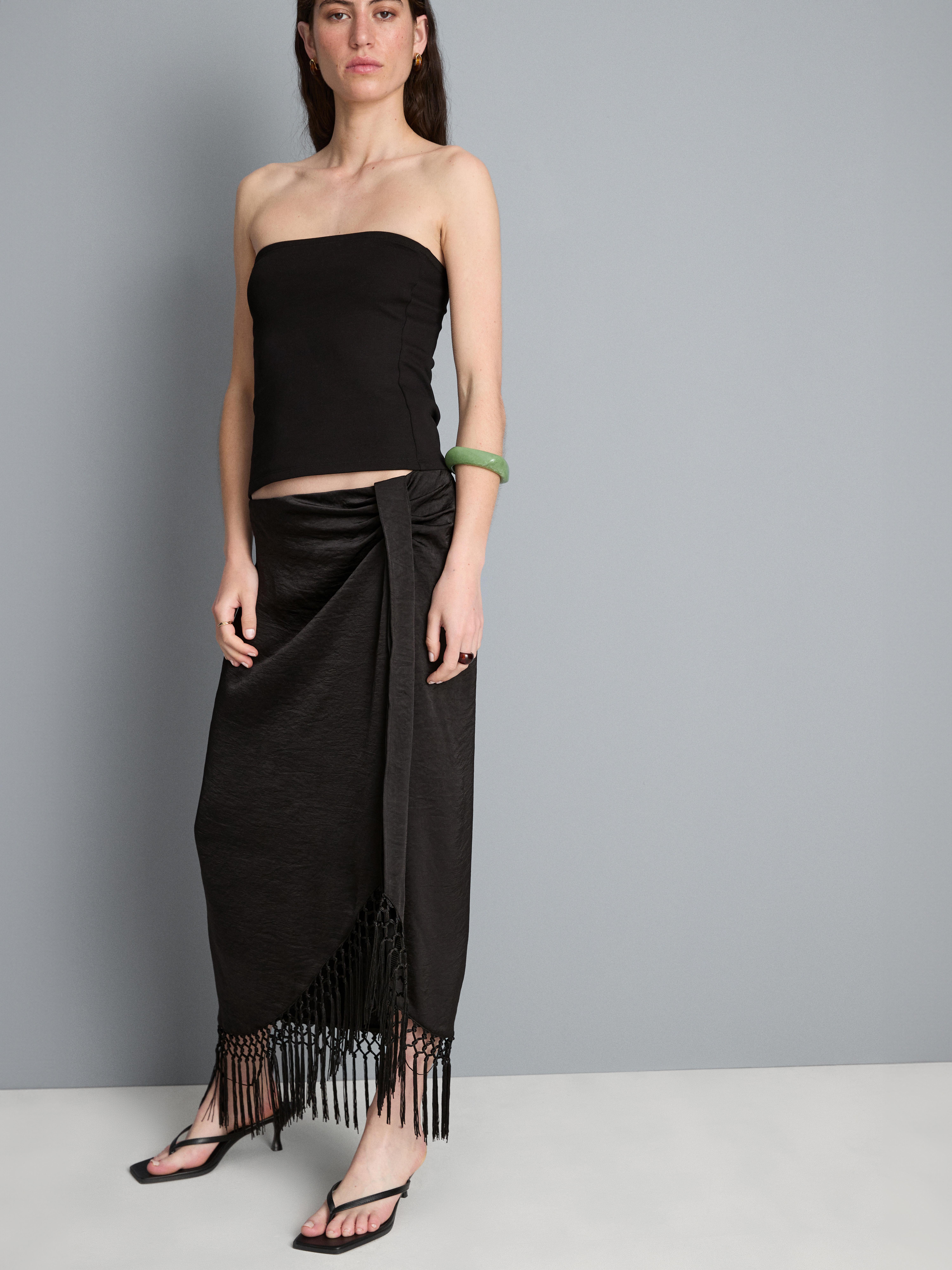 Satin Fringe Midi Skirt