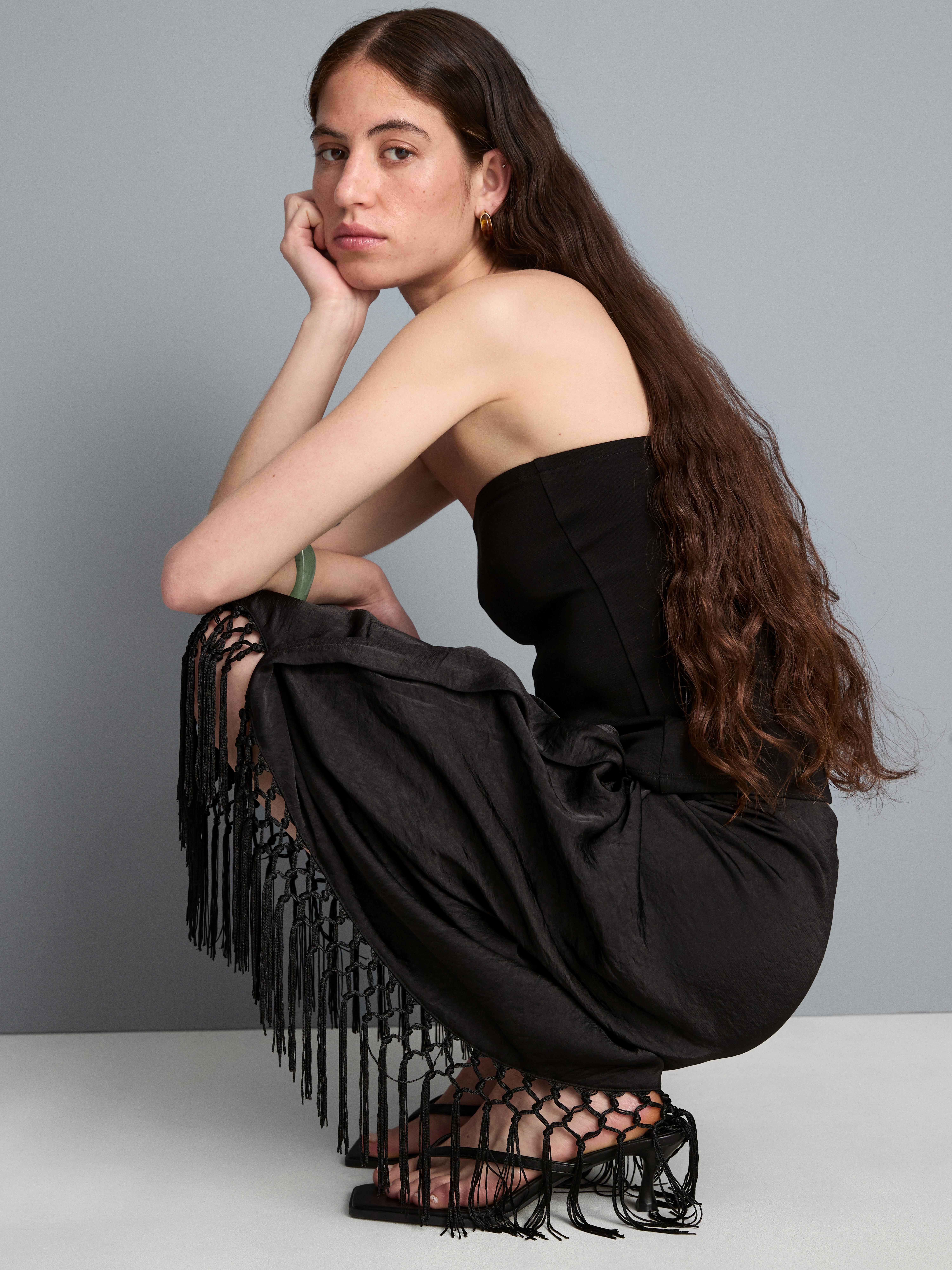 Satin Fringe Midi Skirt