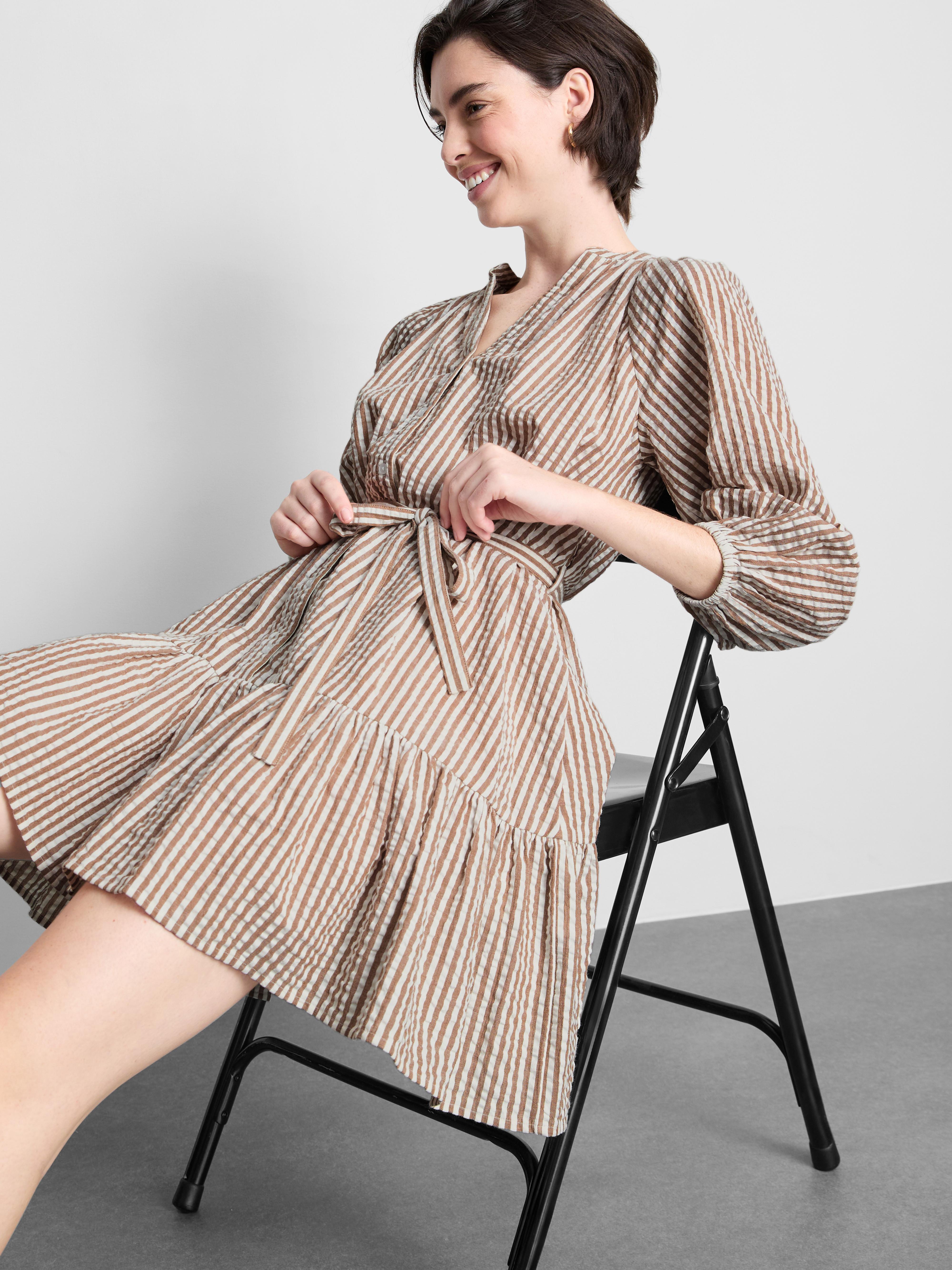 Cotton Seersucker Puff Sleeve Mini Dress