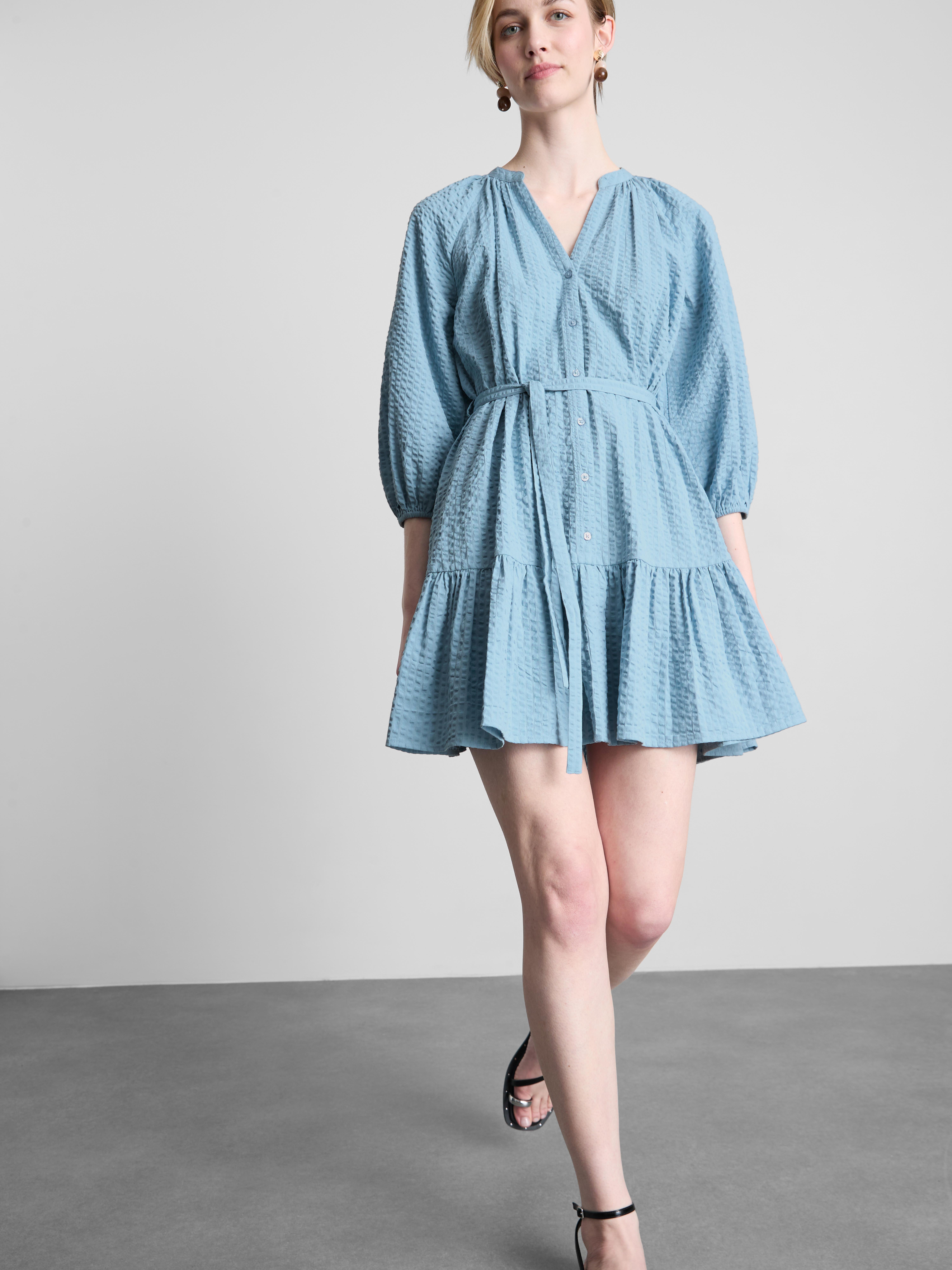 Cotton Seersucker Puff Sleeve Mini Dress Light Blue