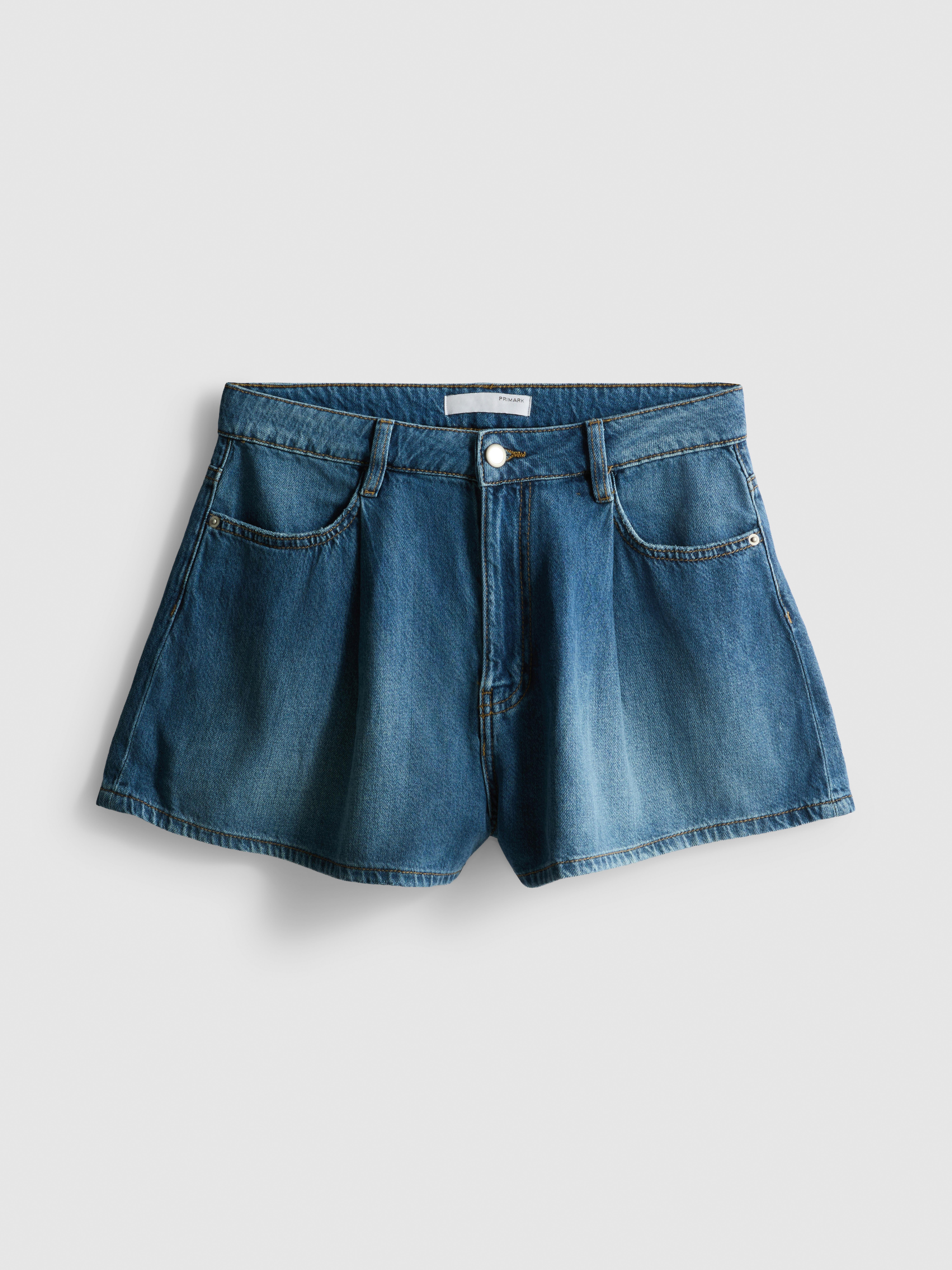 Cotton Rich Denim Pleated Flare Shorts