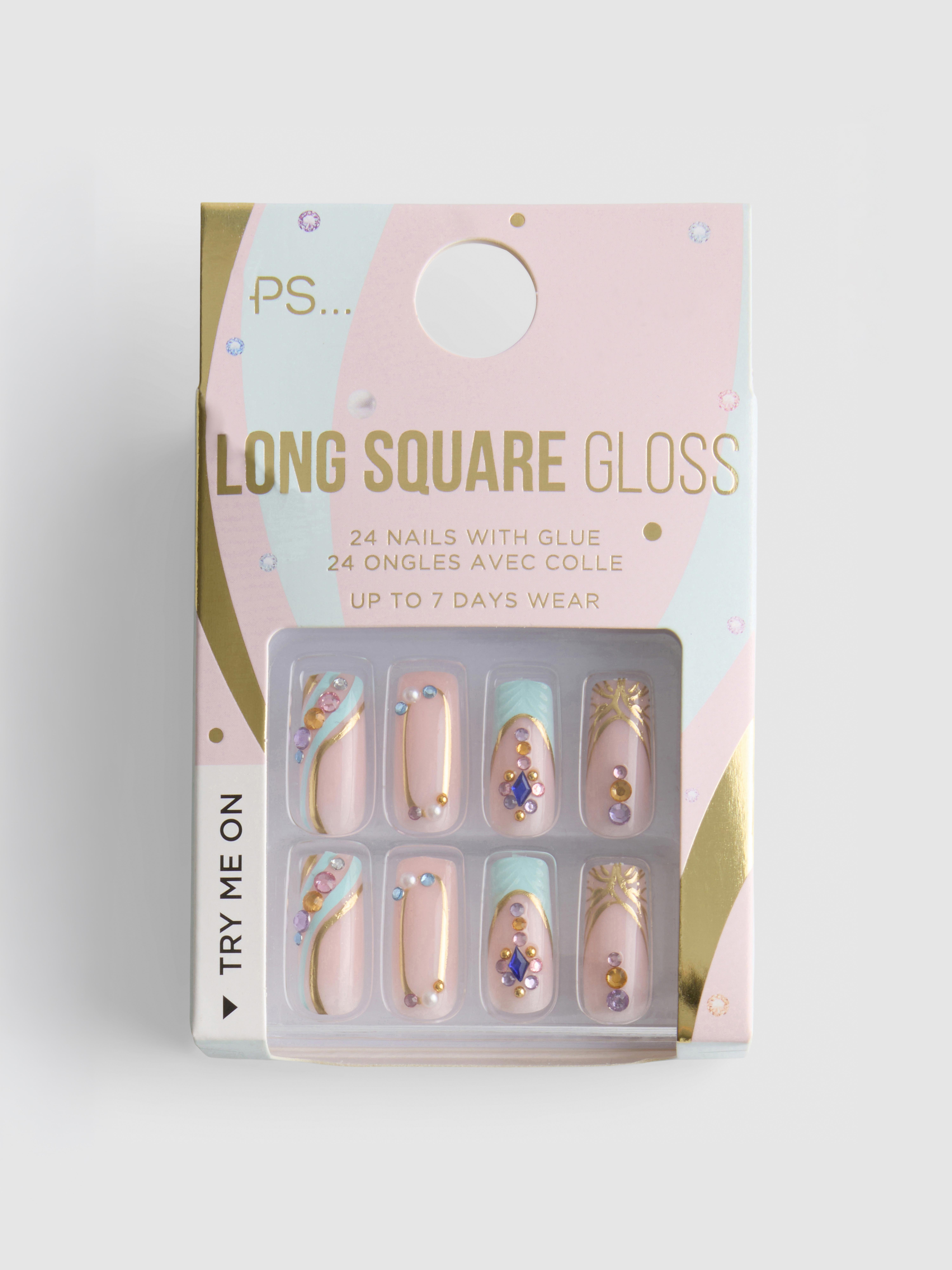PS... Embellished Long Square Gloss False Nails