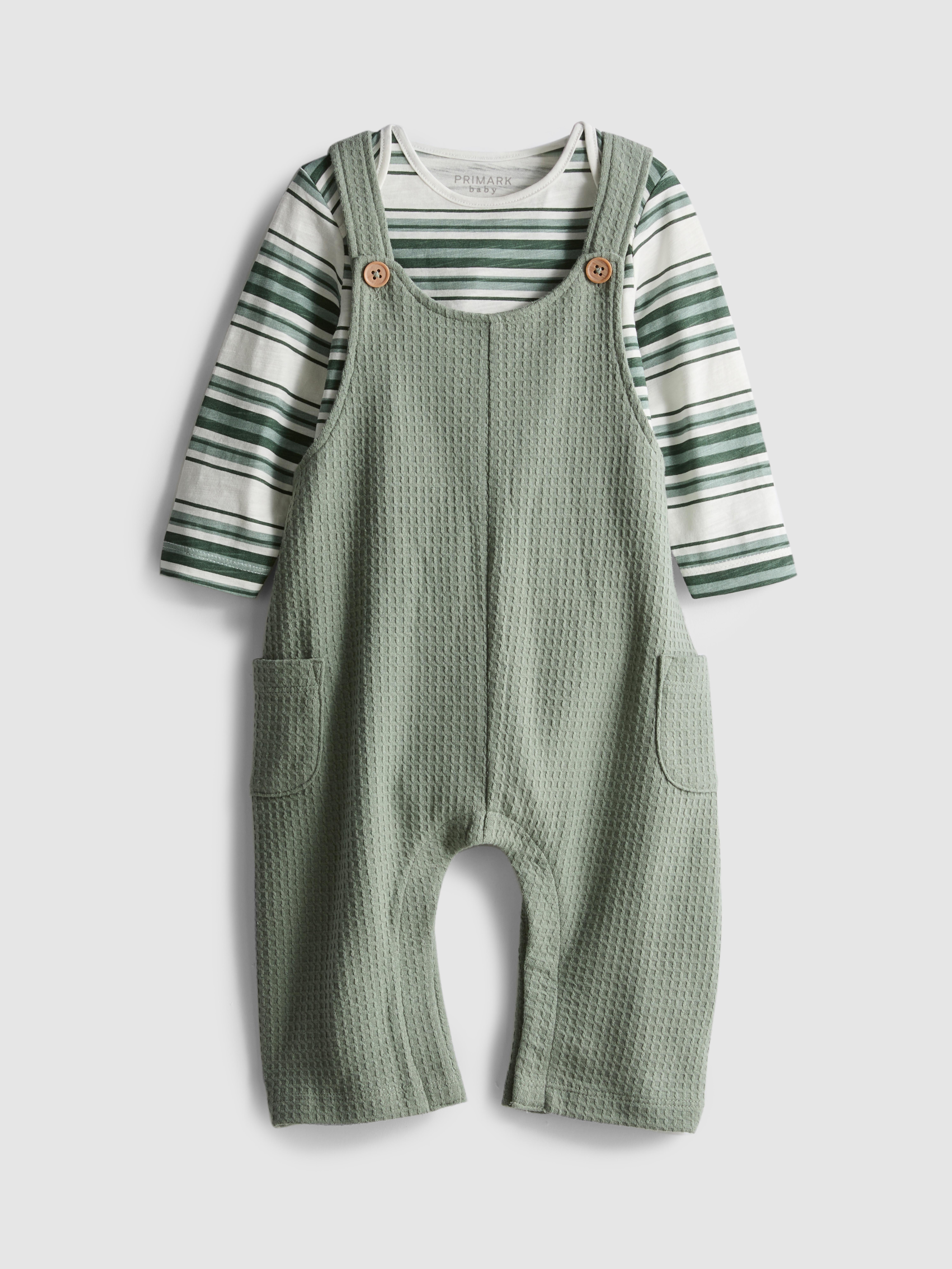 0-18mths | Long Sleeve Bodysuit and Waffle Textured Dungarees Newborn Set