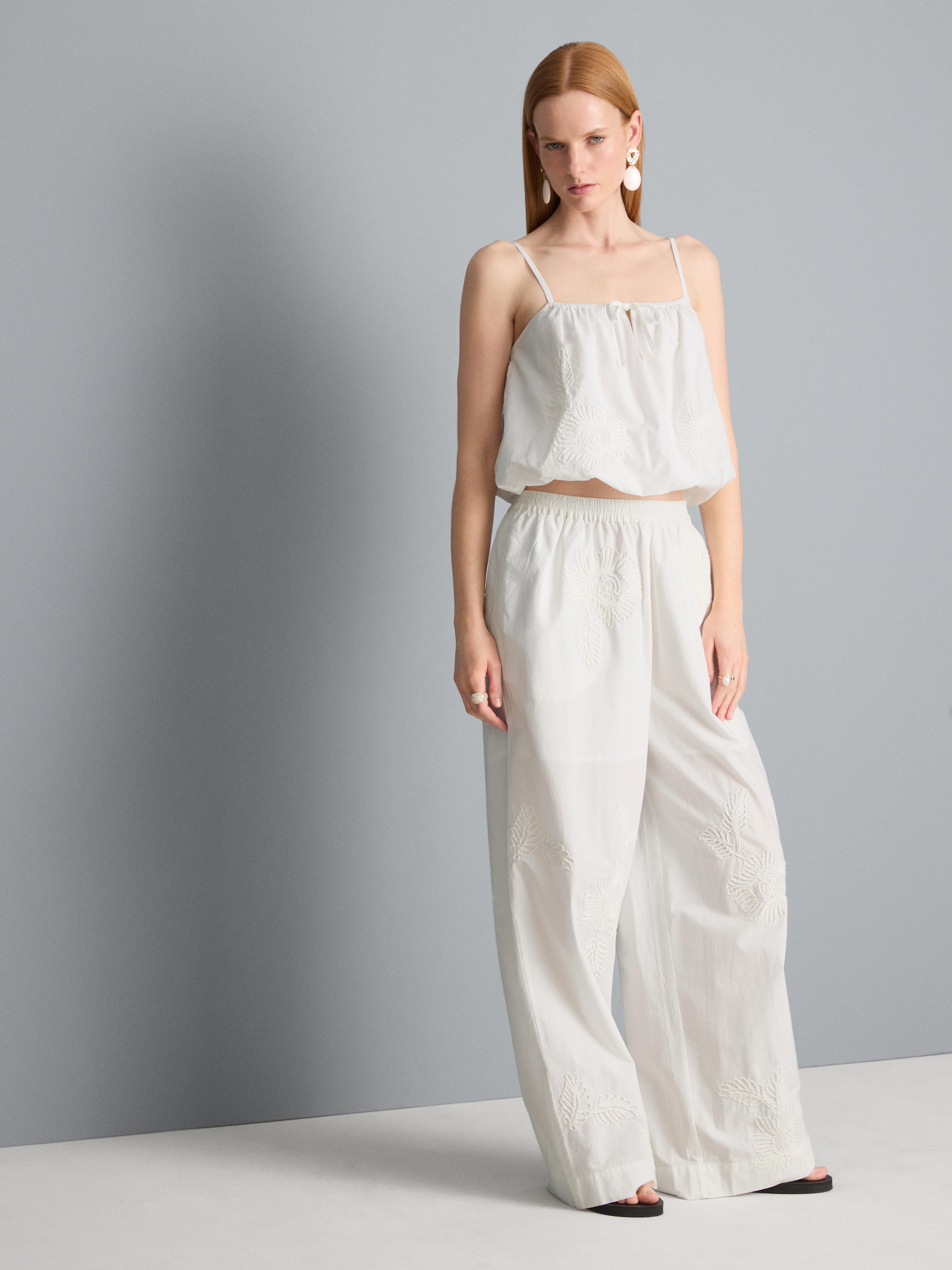 Cotton Embroidered Wide Leg Pants