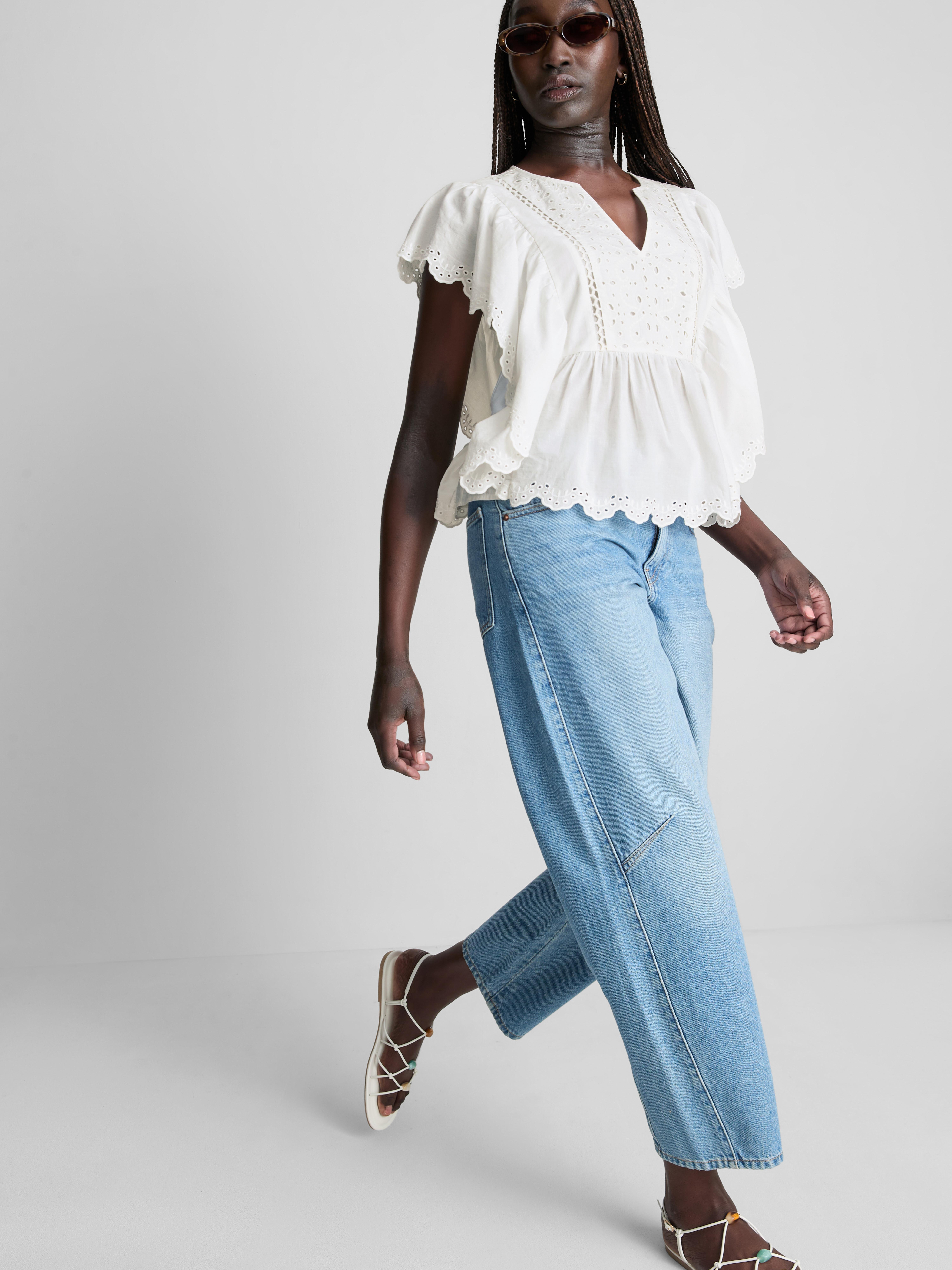 Cotton Embroidered Scalloped Sleeve Top