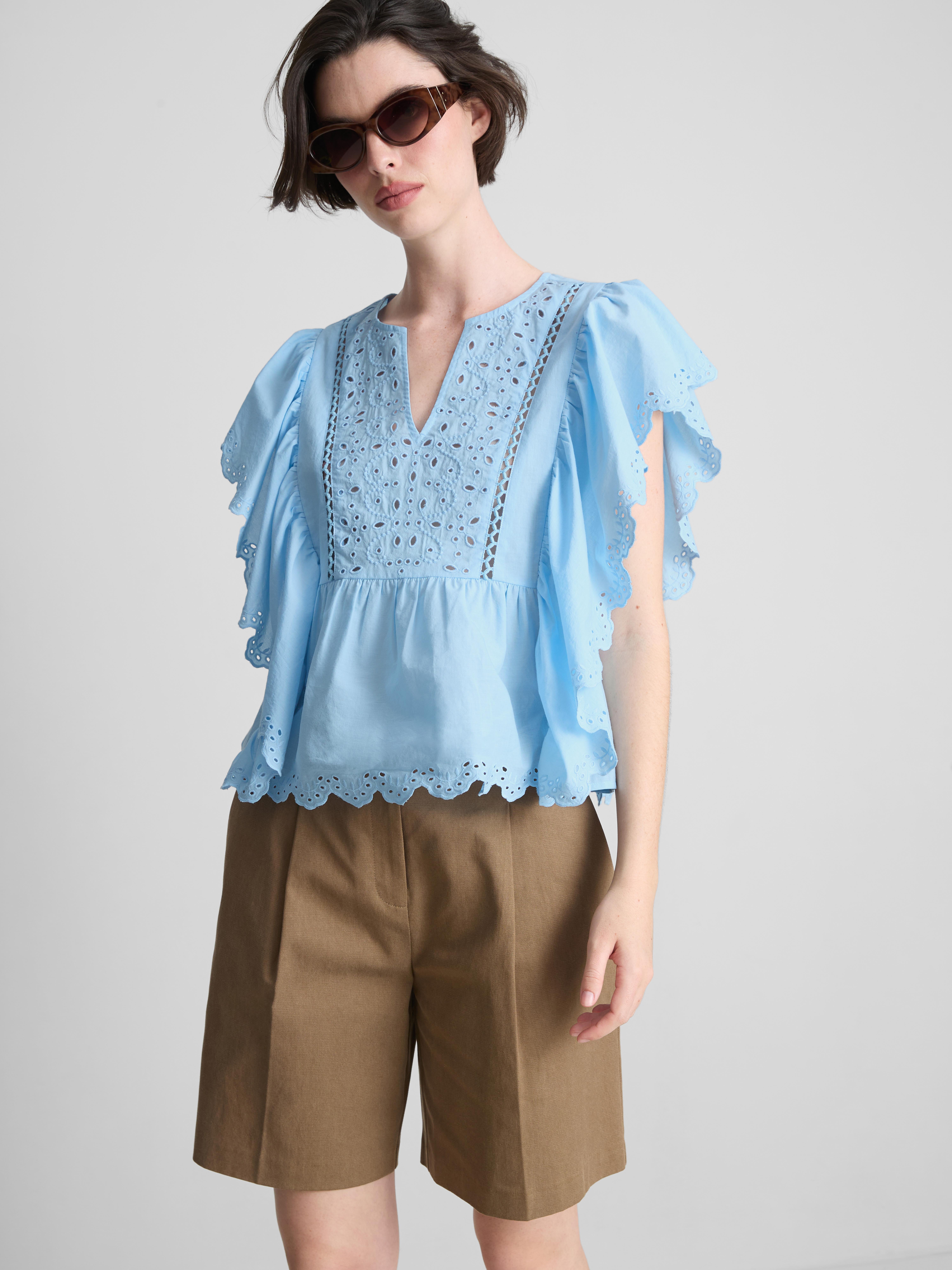 Cotton Embroidered Scalloped Sleeve Top
