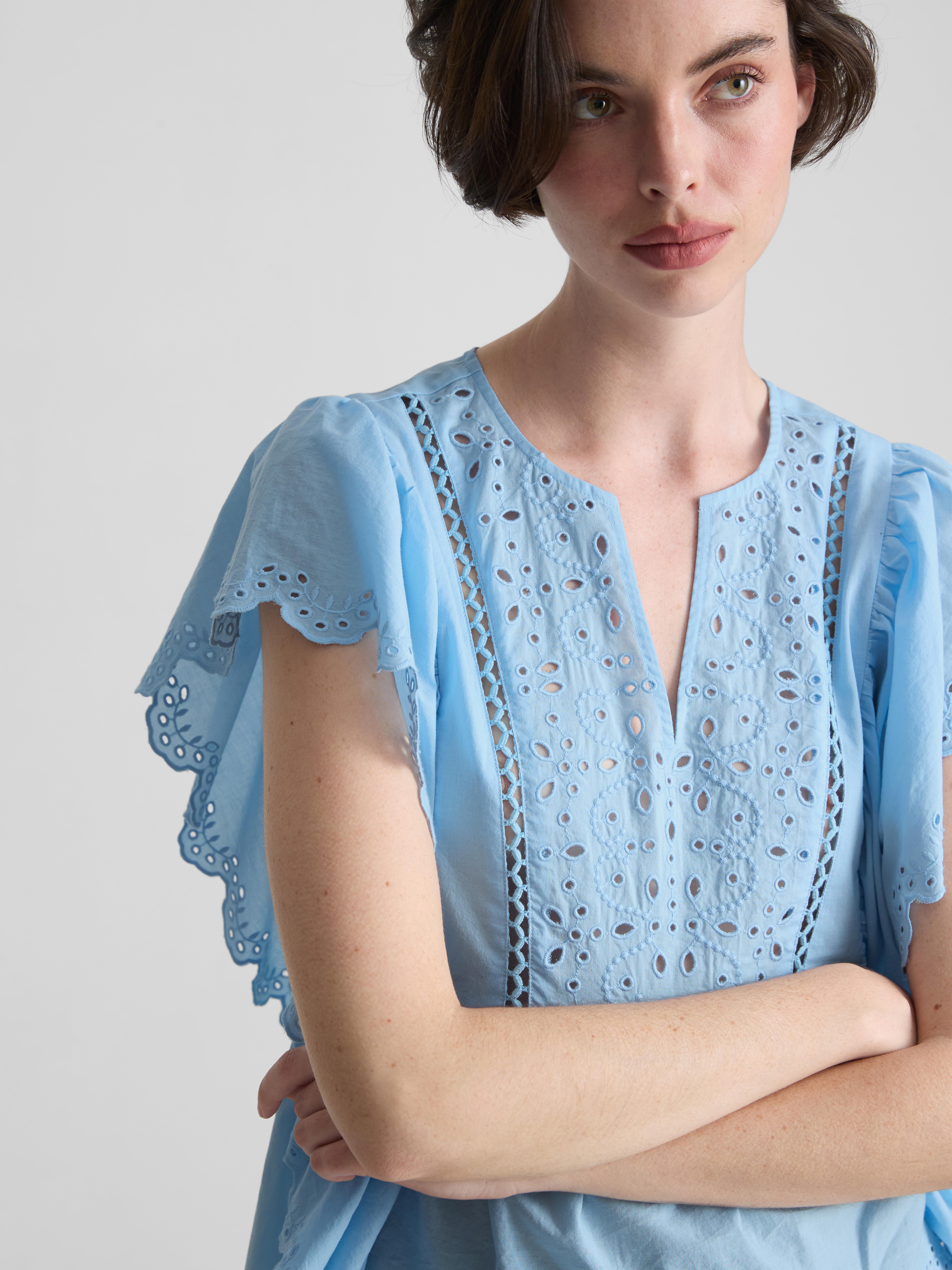 Cotton Embroidered Scalloped Sleeve Top