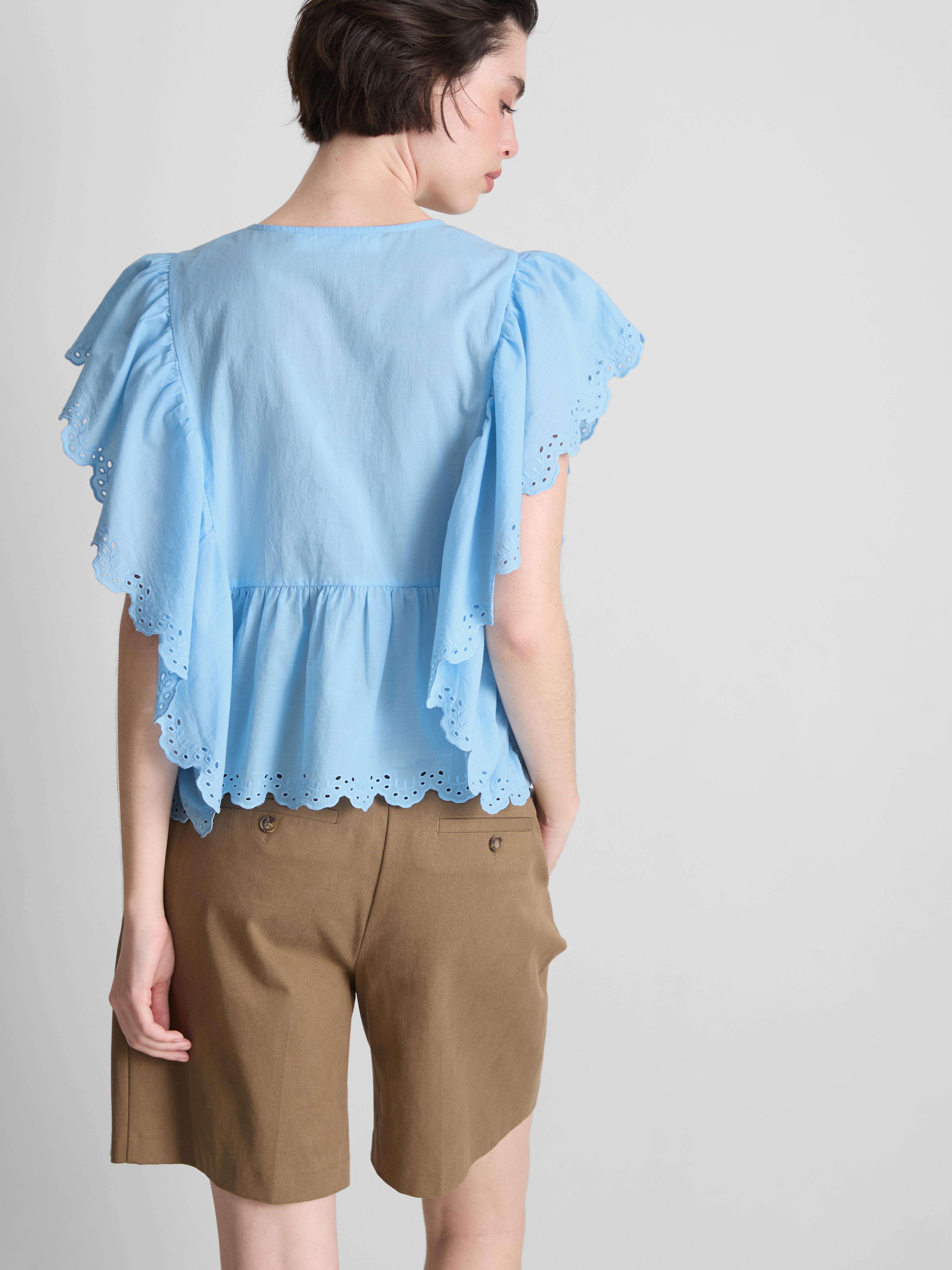 Cotton Embroidered Scalloped Sleeve Top
