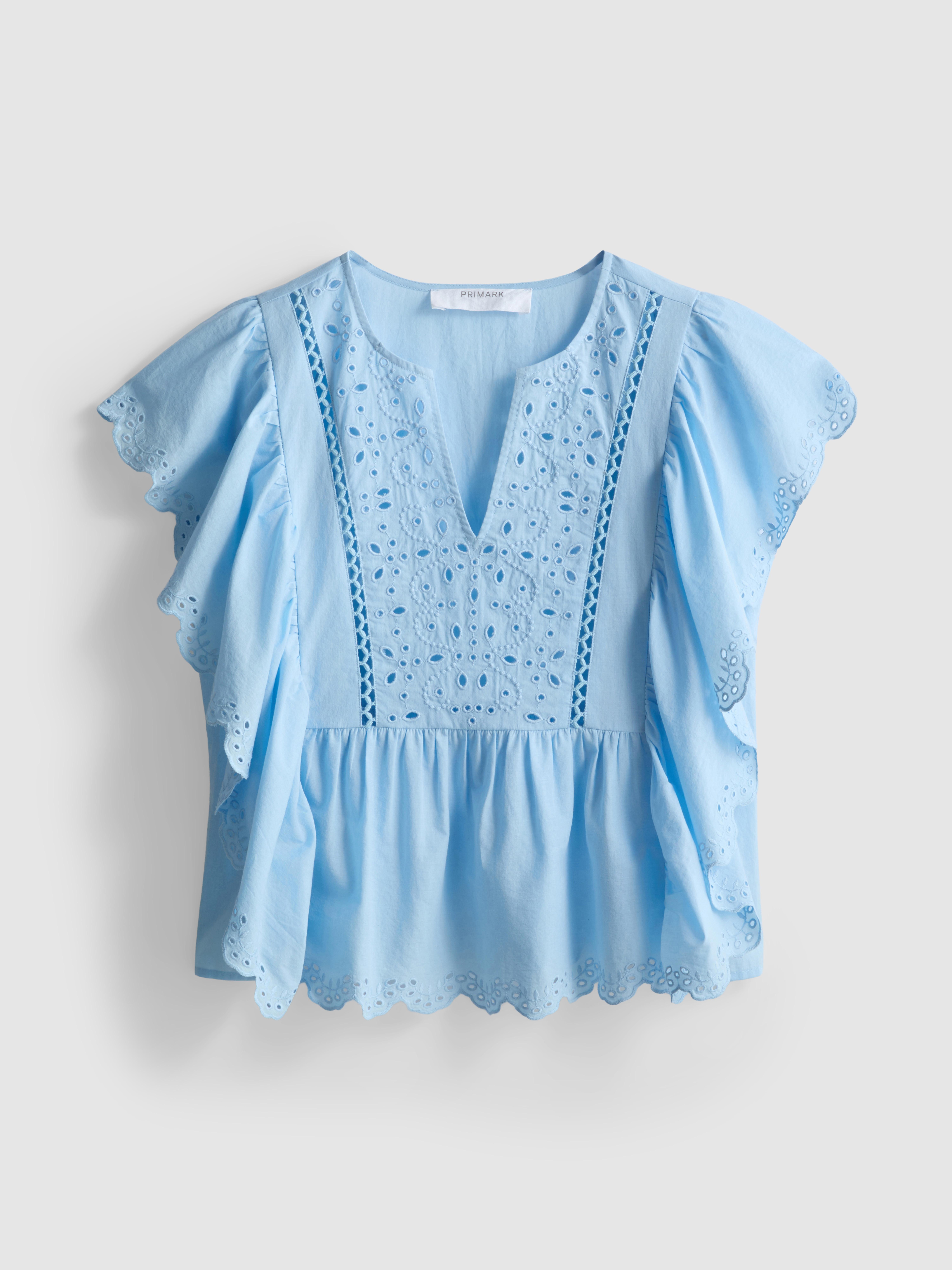 Cotton Embroidered Scalloped Sleeve Top