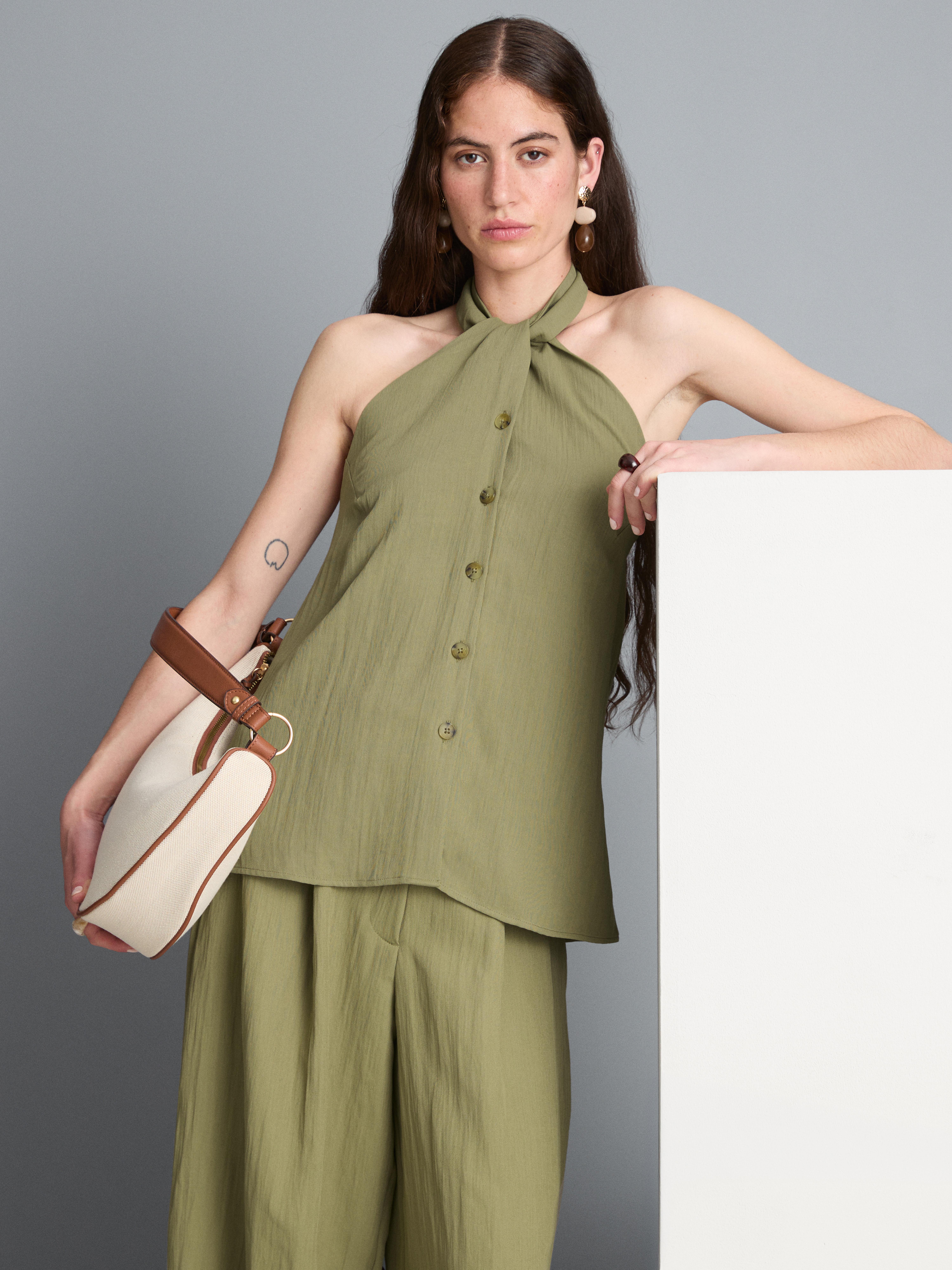 Textured Button Through Halterneck Top