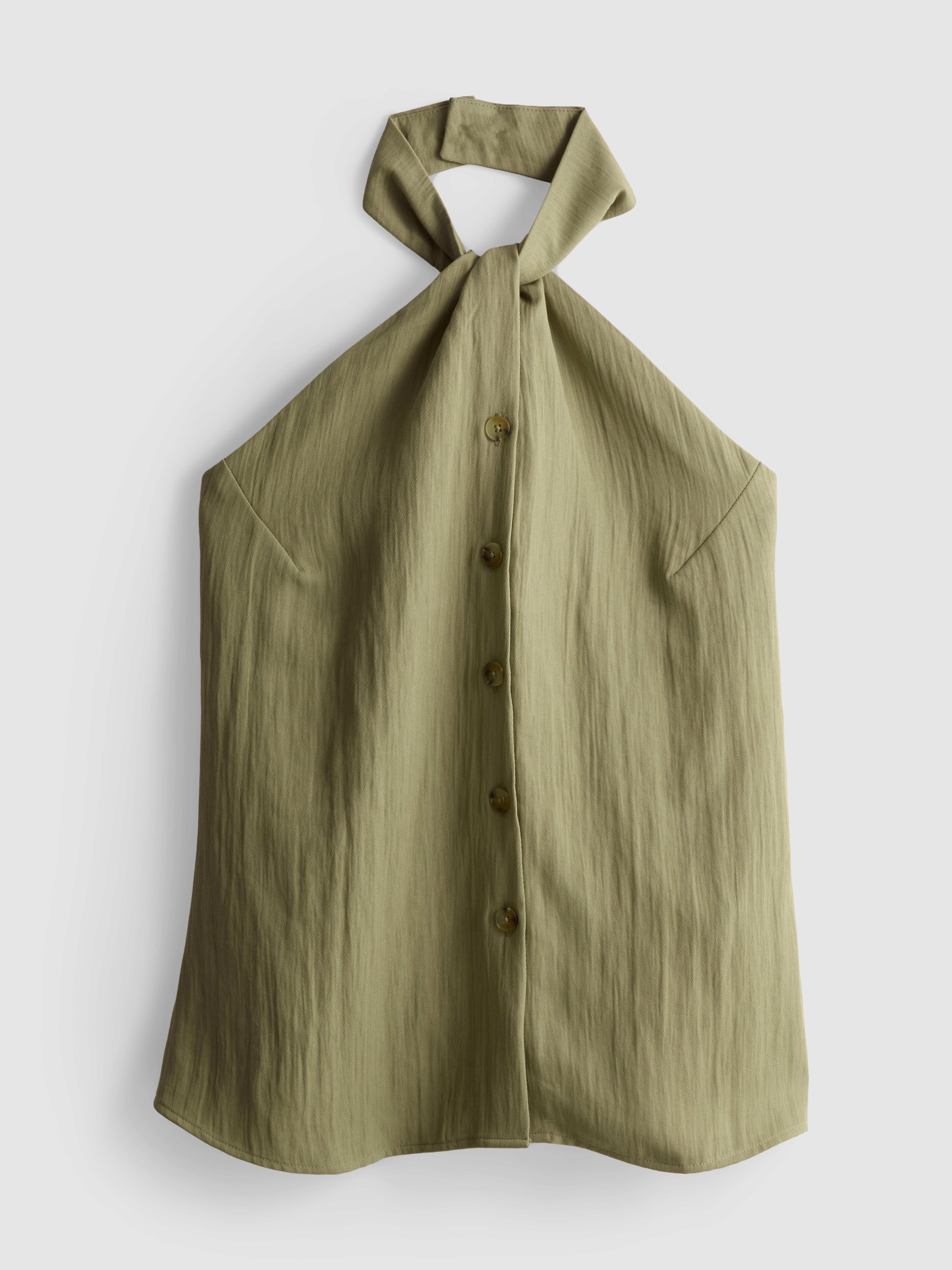 Textured Button Through Halterneck Top