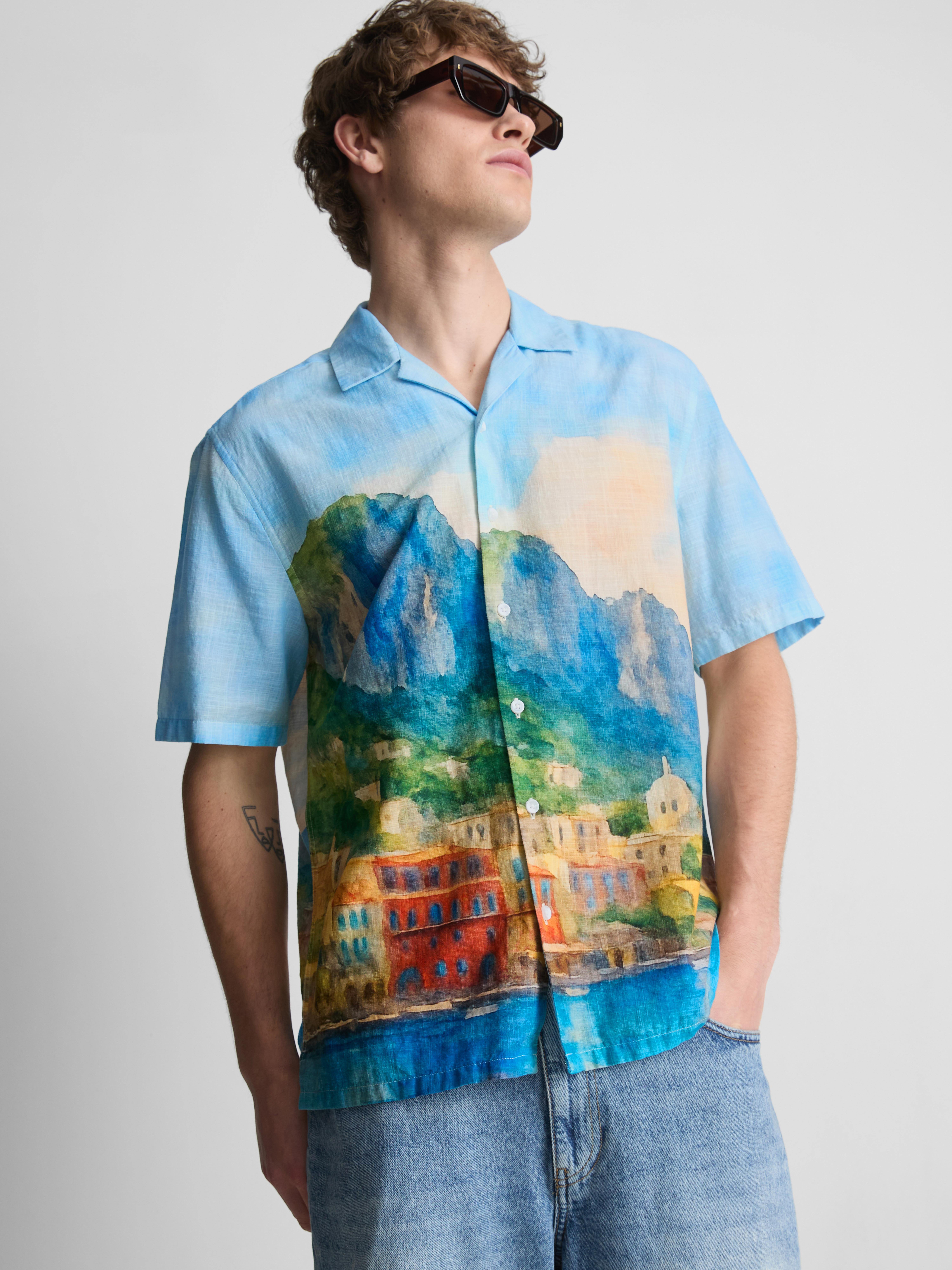 Camicia con colletto a rever e stampa panorama