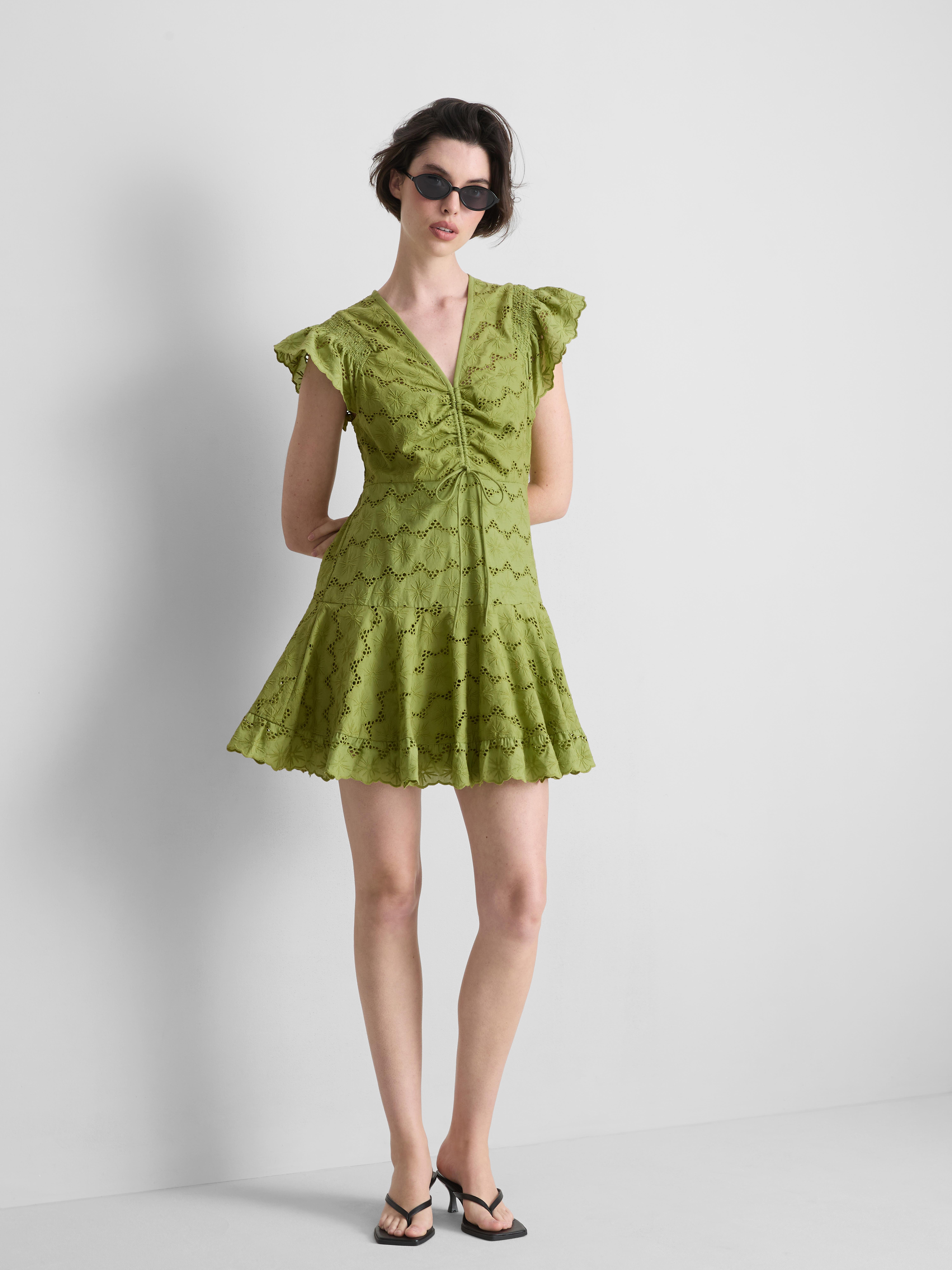 Womens Green Cotton Broderie Ruched Mini Dress | Primark