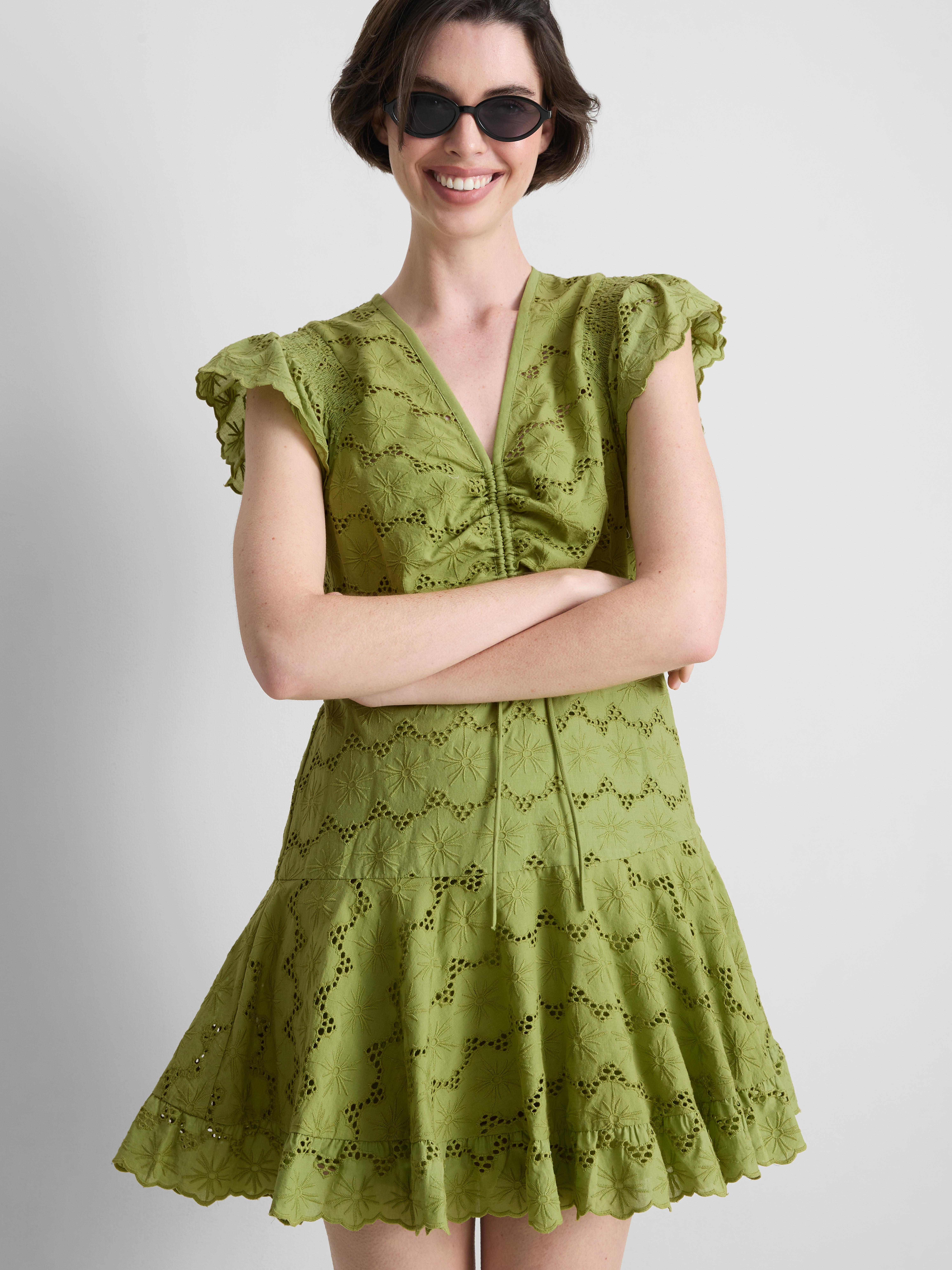 Women's Green Cotton Eyelet Ruched Mini Dress | Primark
