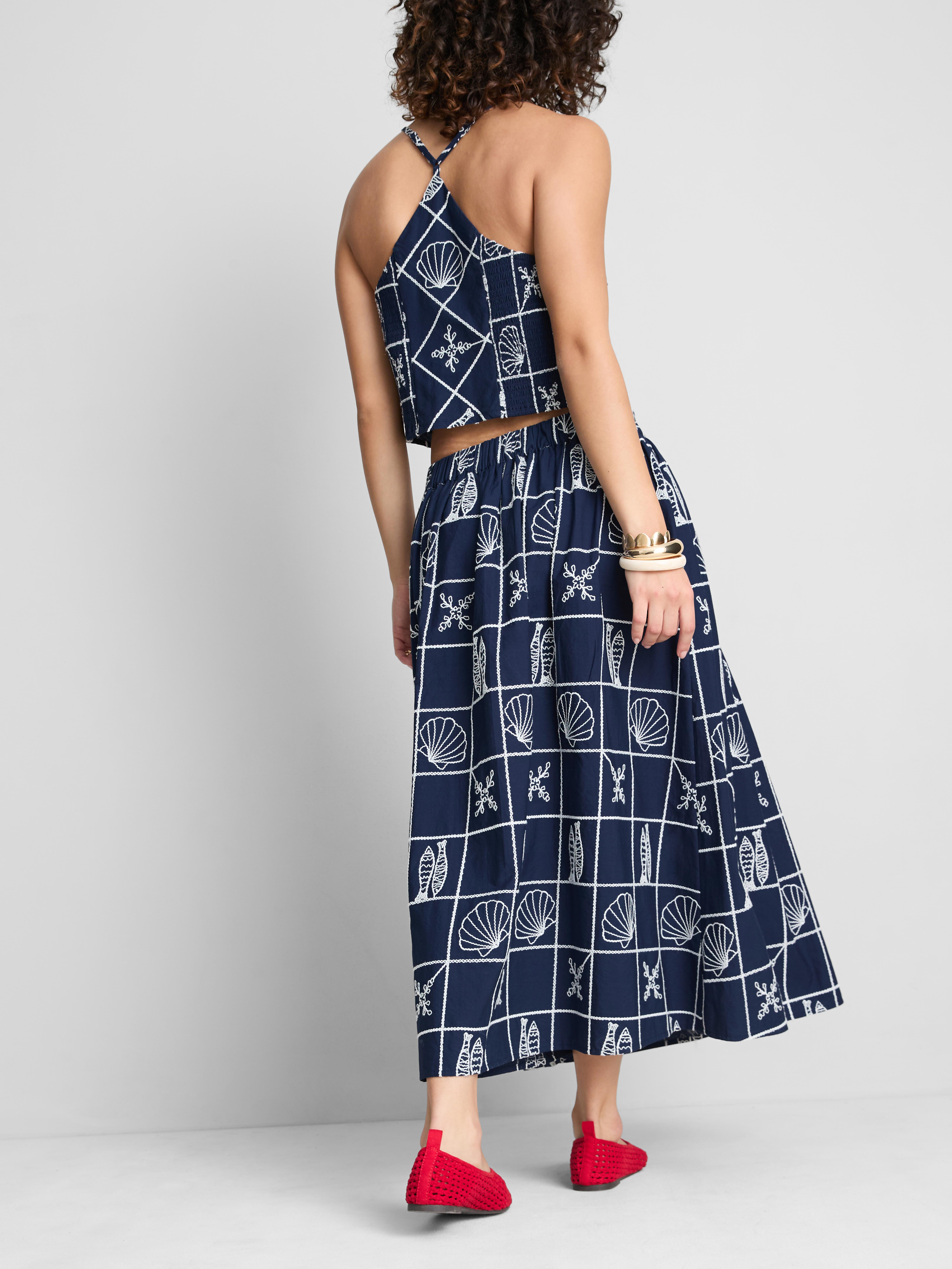Cotton Embroidered A-Line Midi Skirt
