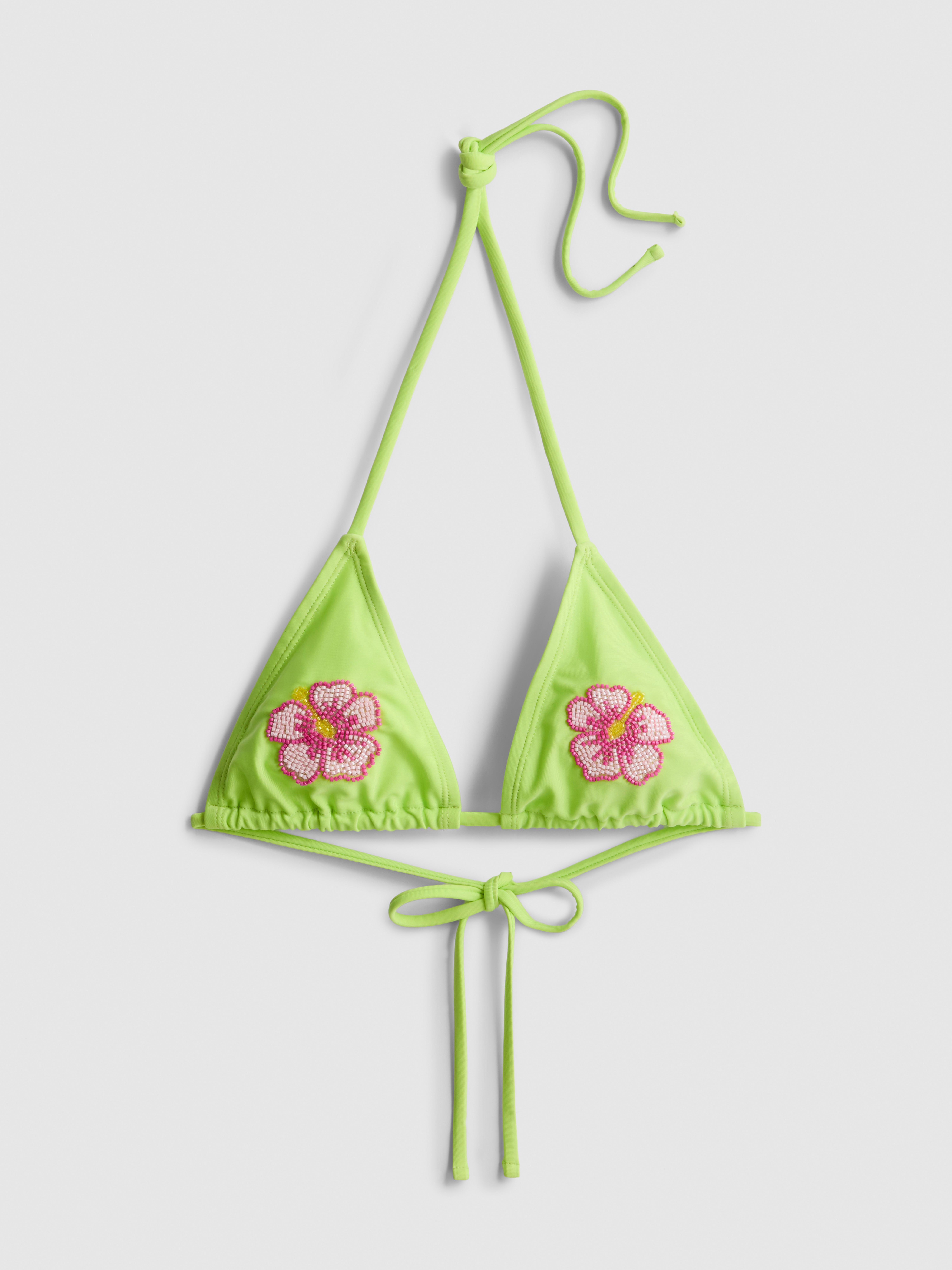 Triangelbikinitopje met kralen in bloemvorm