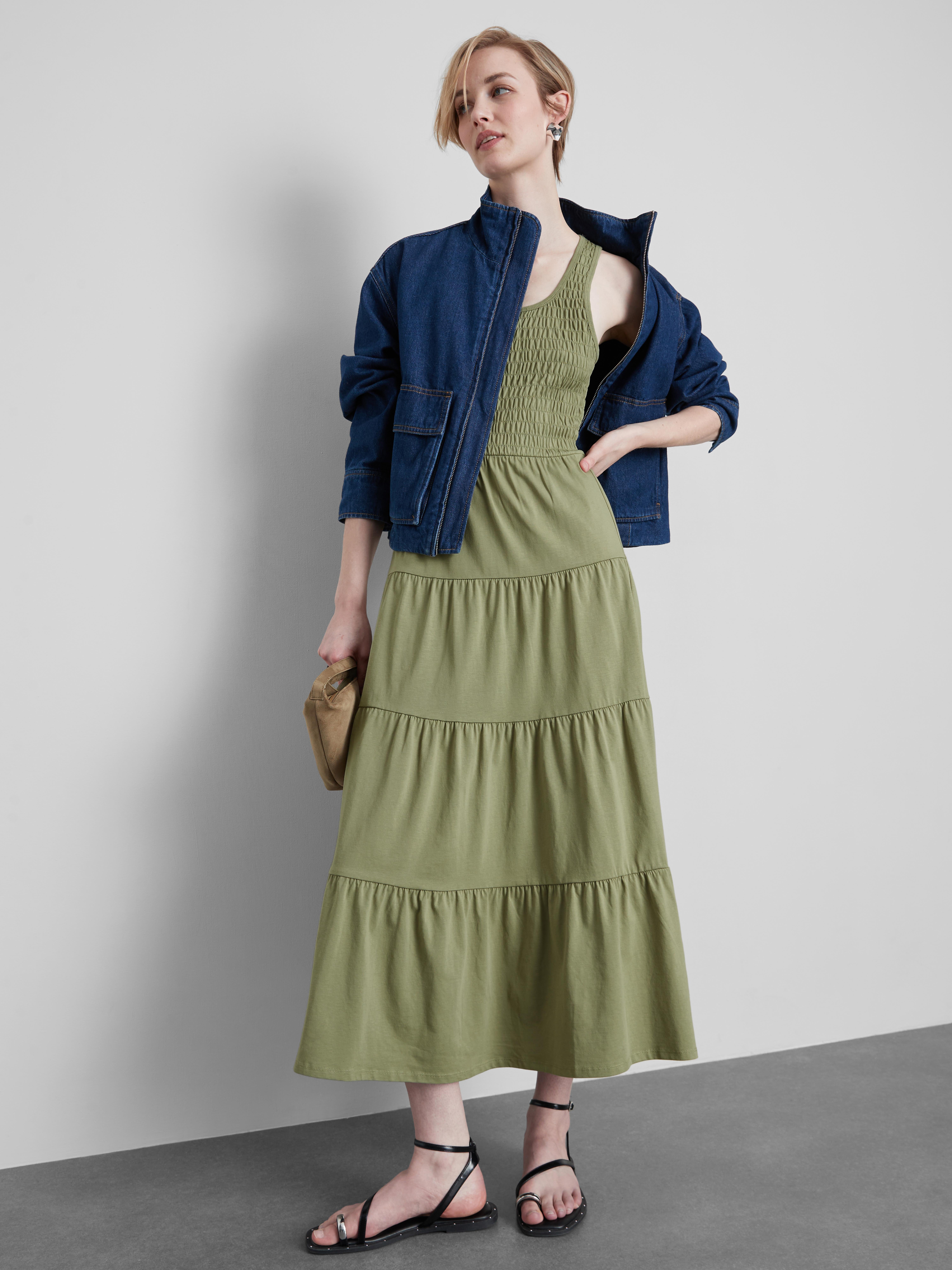 Cotton Shirred Tiered Midi Dress