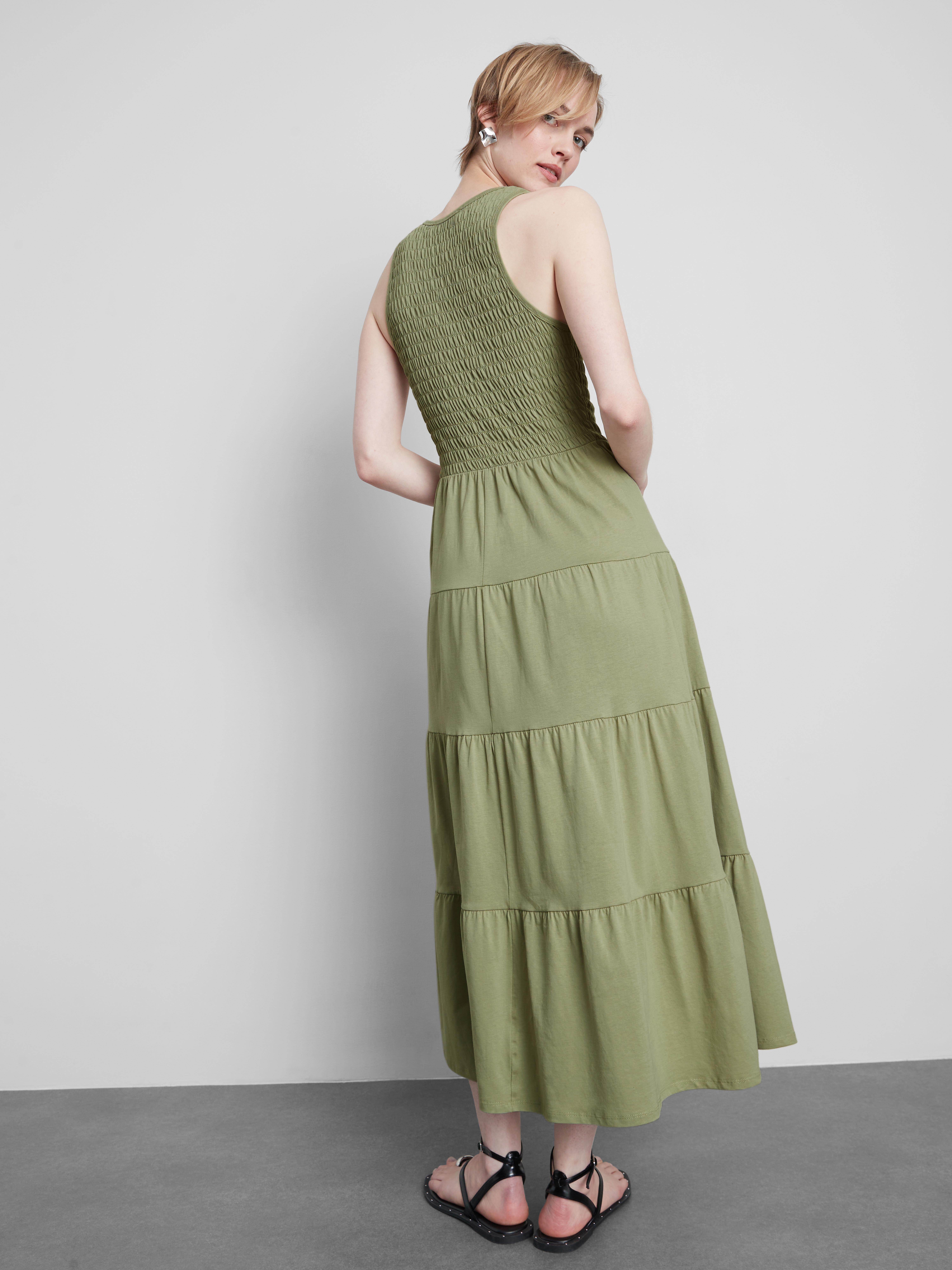 the drop women's kimi ruffled shoulder smocked midi dress The Smocked Ruffle Tank Midi Dress – The Standard Stitch