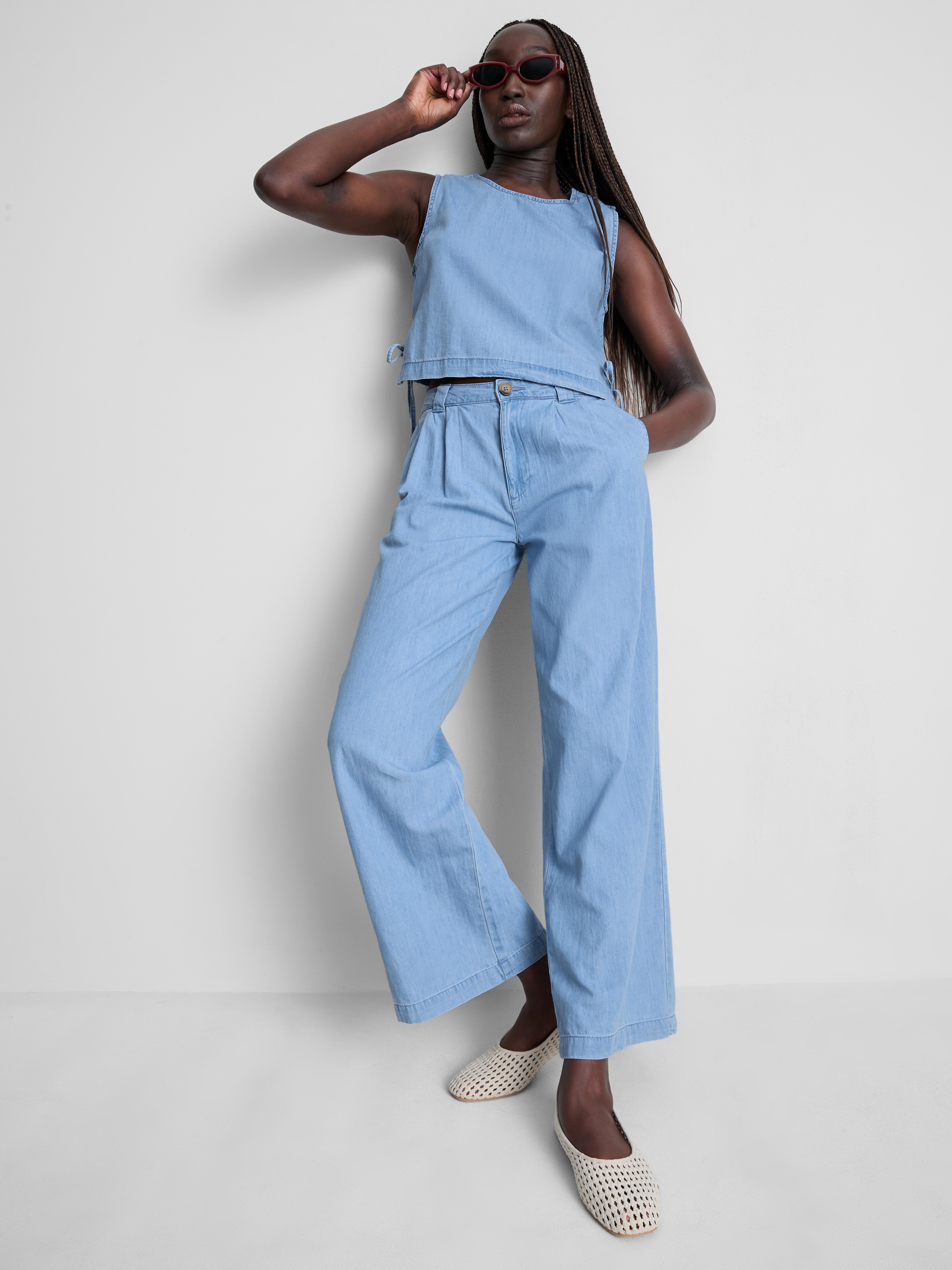 Cotton Denim Pleated Wide Leg Jeans