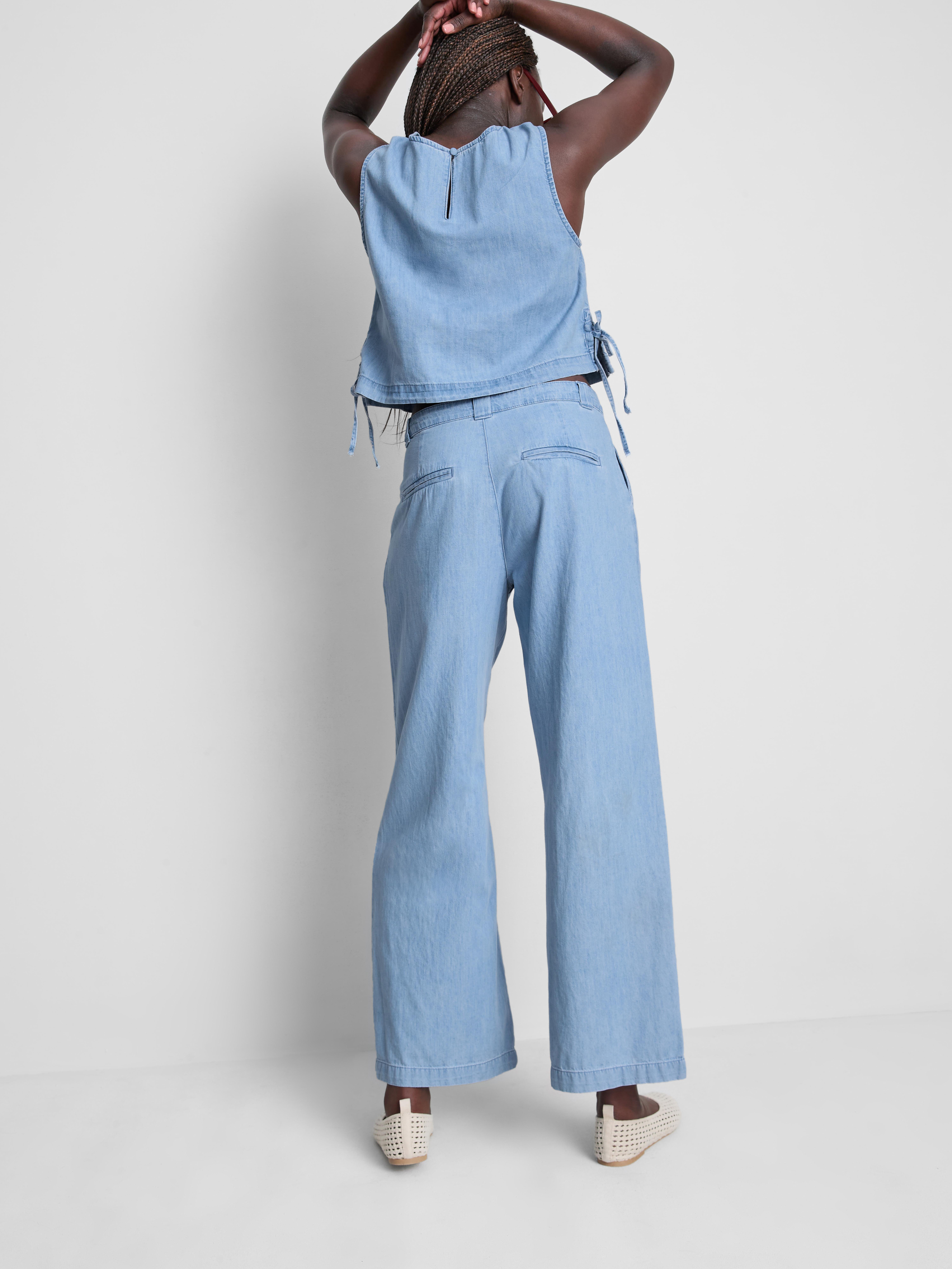 Cotton Denim Pleated Wide Leg Jeans