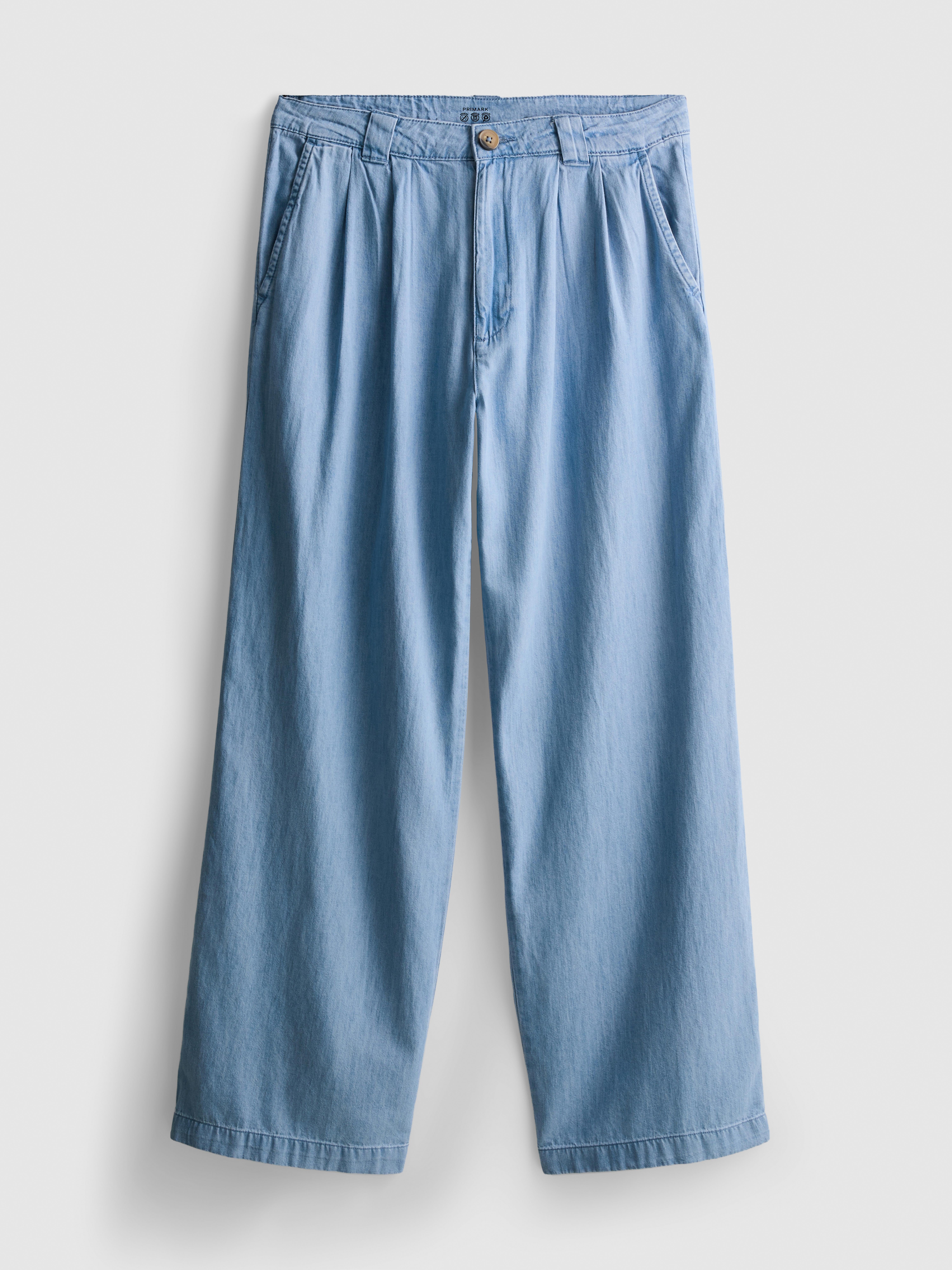 Cotton Denim Pleated Wide Leg Jeans