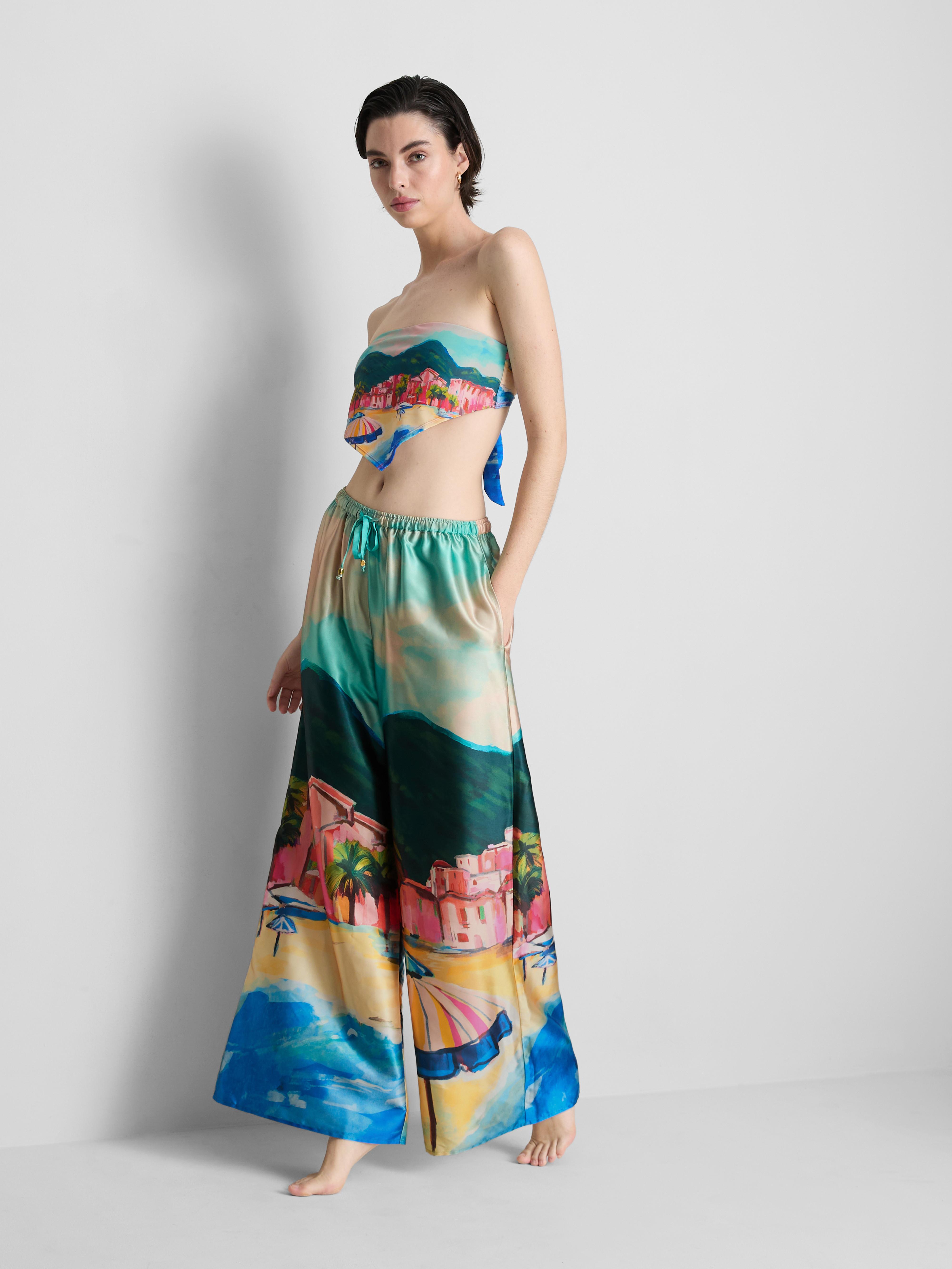 Strandbroek van satijn met schilderachtige print