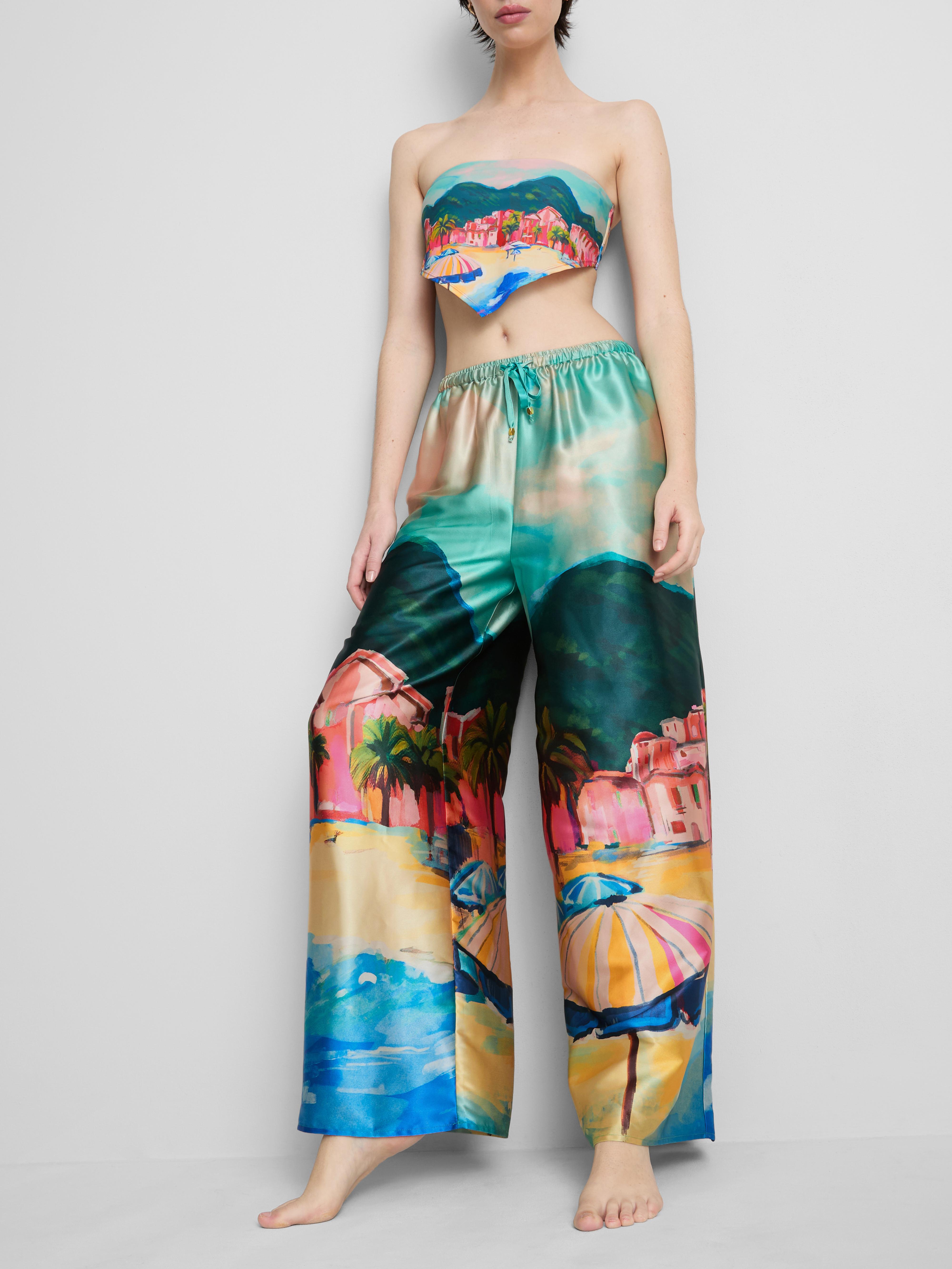 Satin Scenic Print Beach Trousers