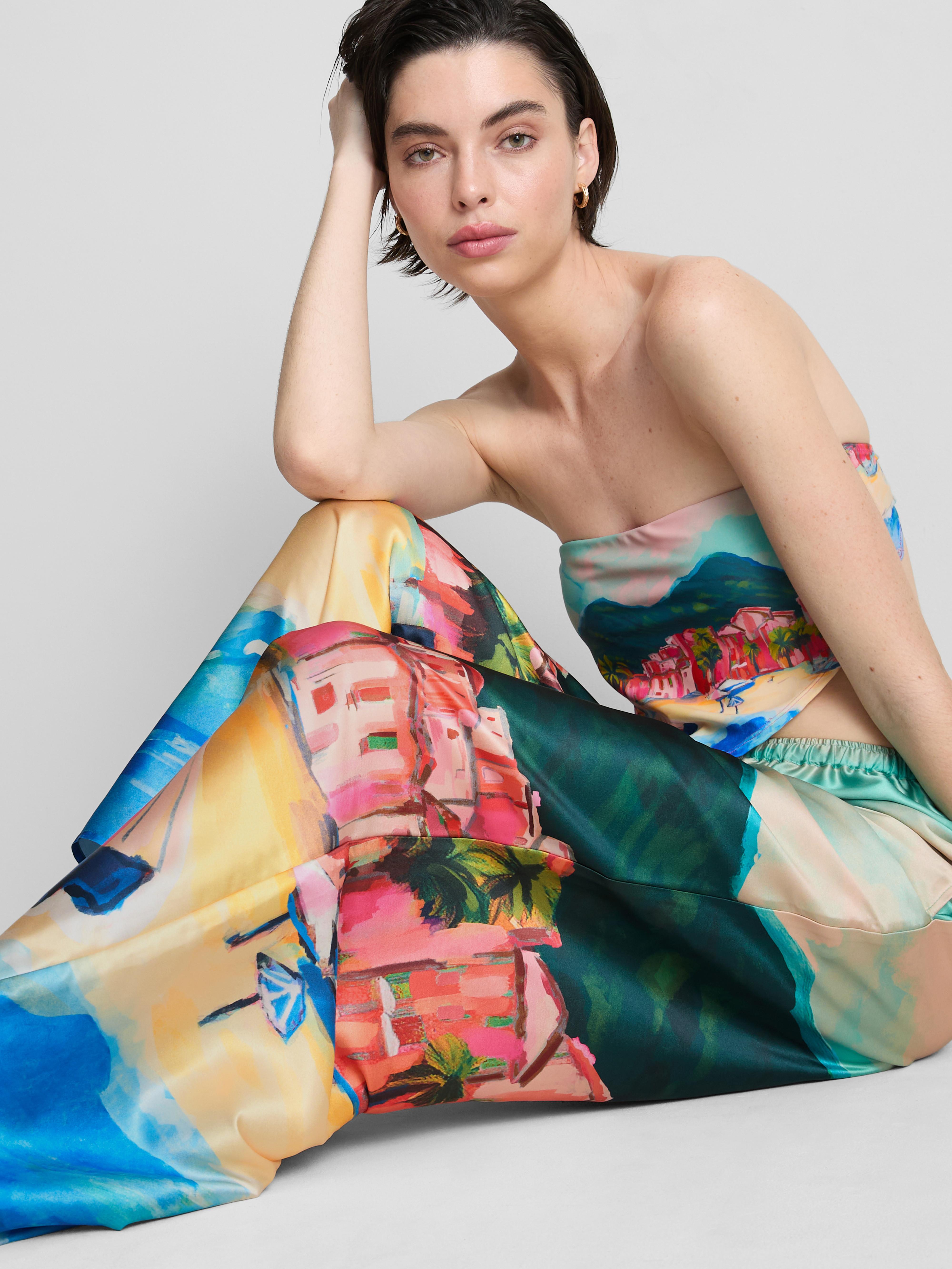Satin Scenic Print Beach Trousers