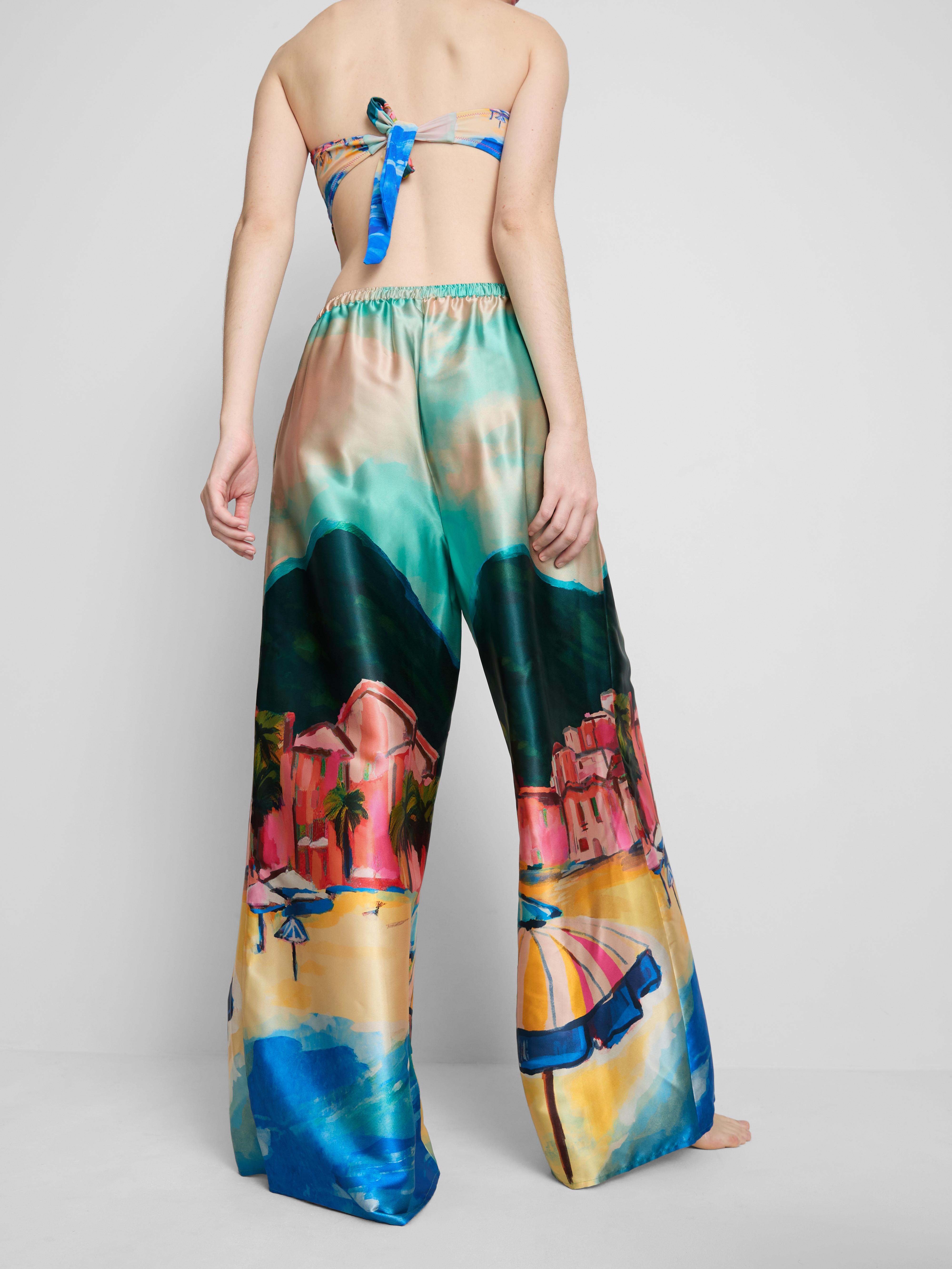 Satin Scenic Print Beach Trousers
