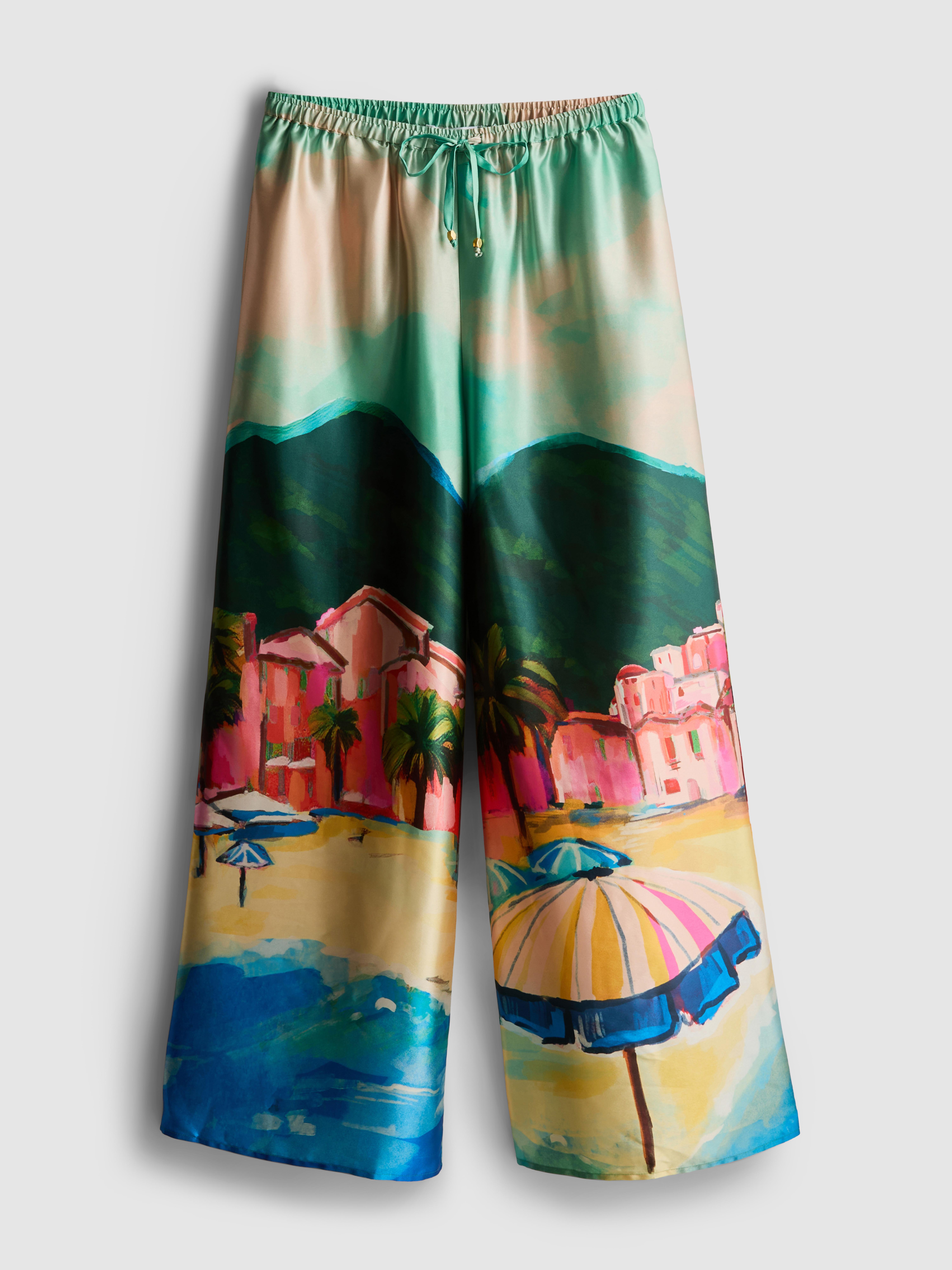 Satin Scenic Print Beach Trousers