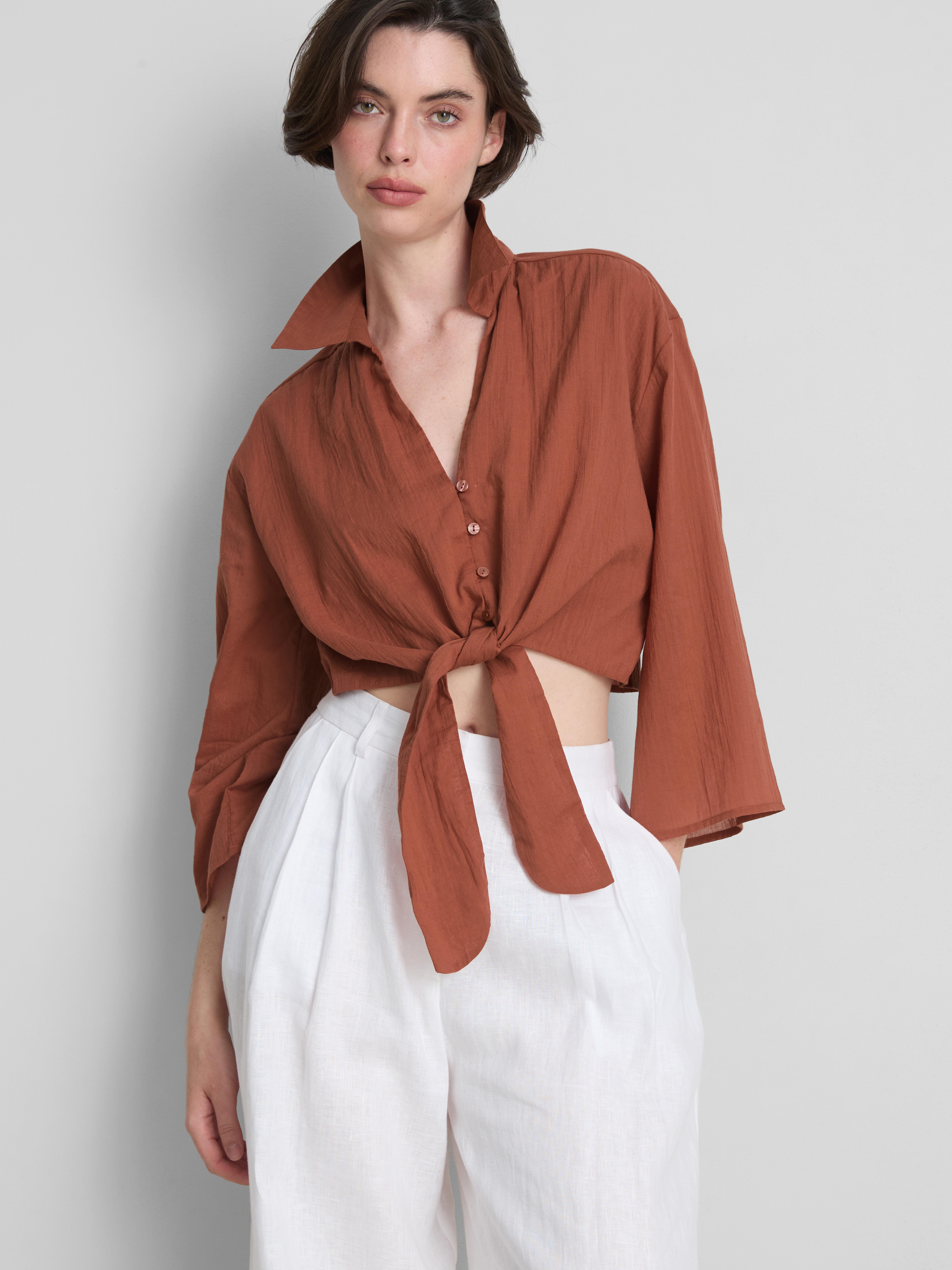 Cotton Cropped Tie Front Shirt