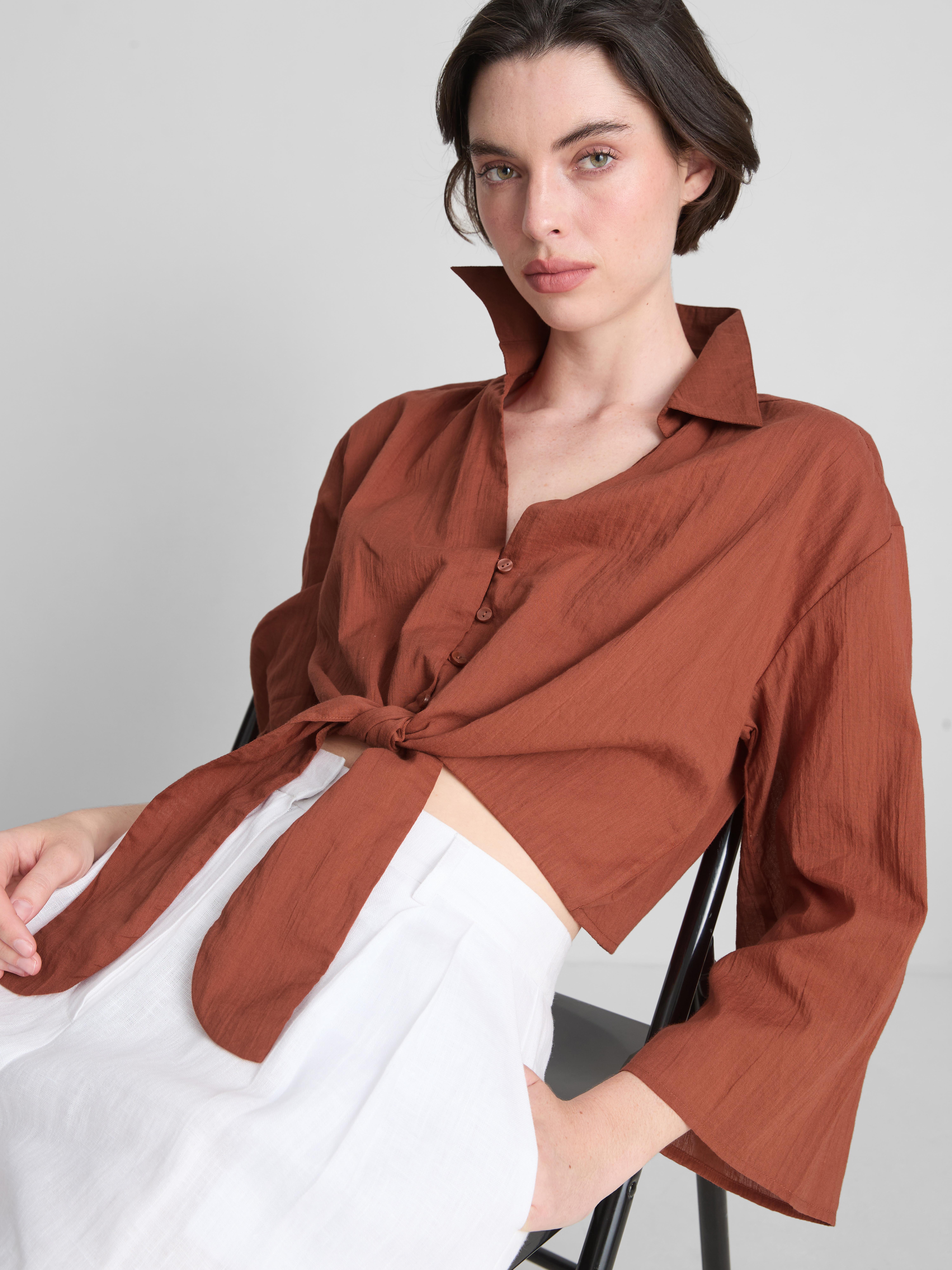 Cotton Cropped Tie Front Shirt