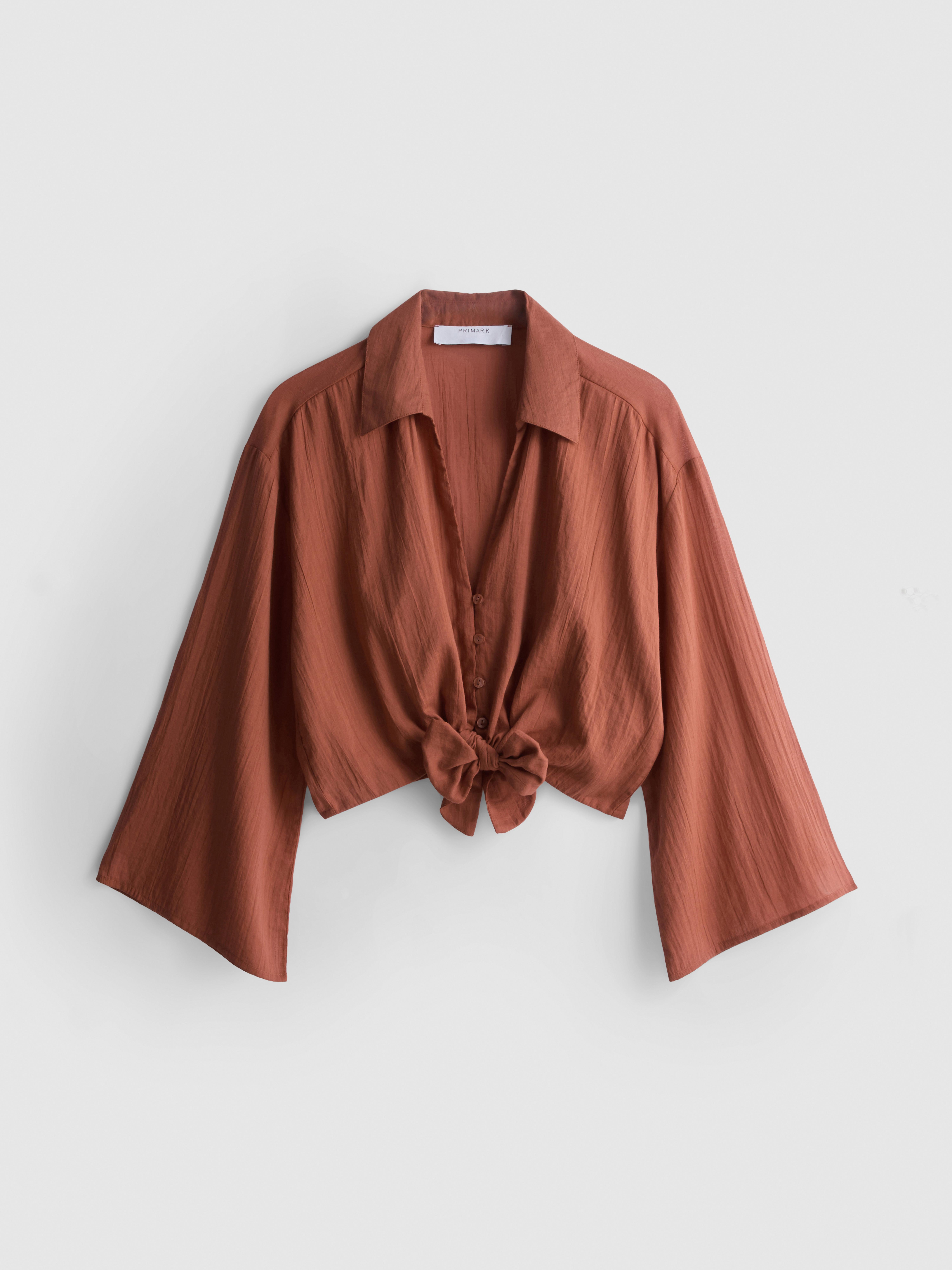Cotton Cropped Tie Front Shirt