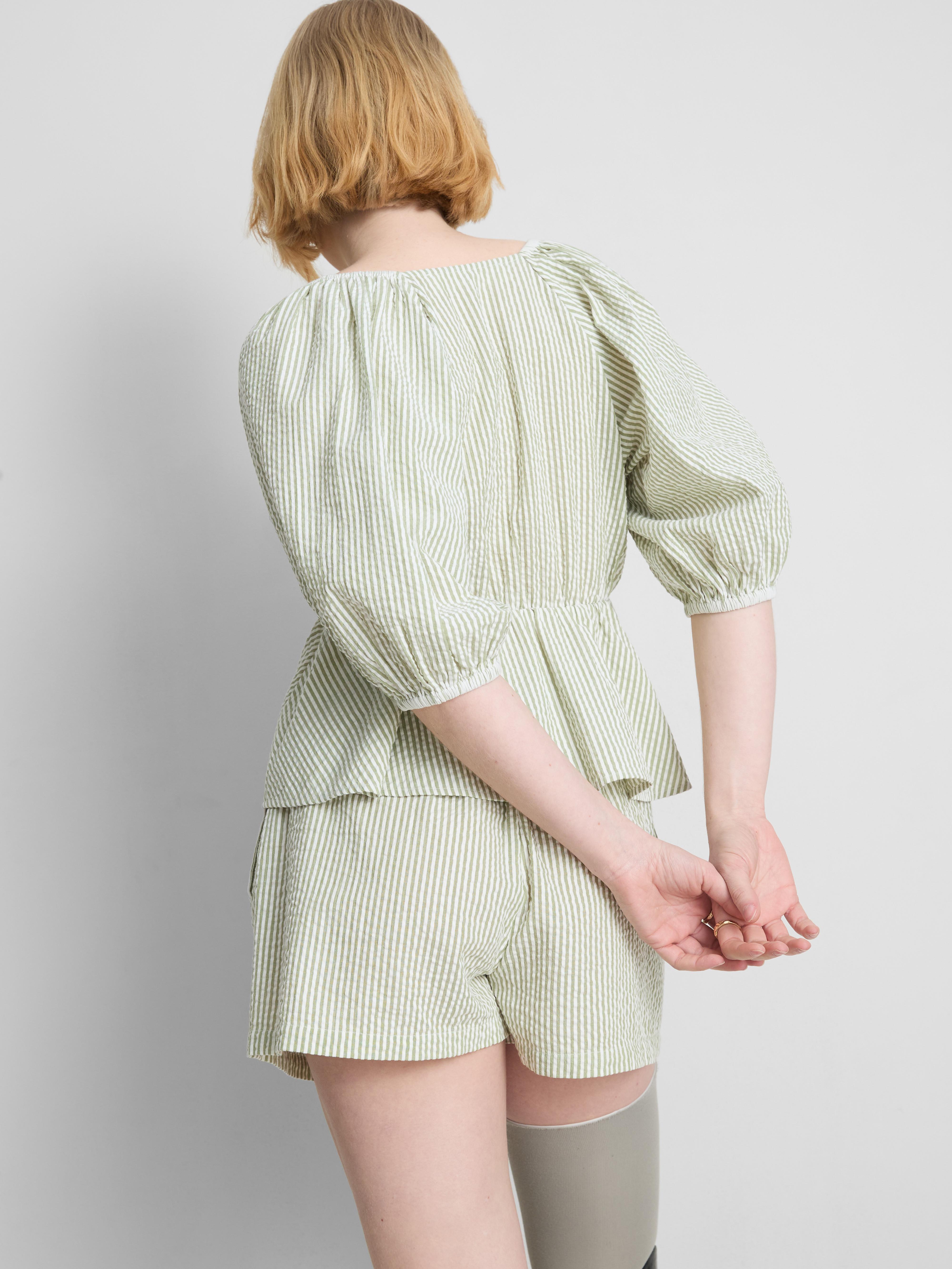 Cotton Seersucker V-Neck Peplum Top