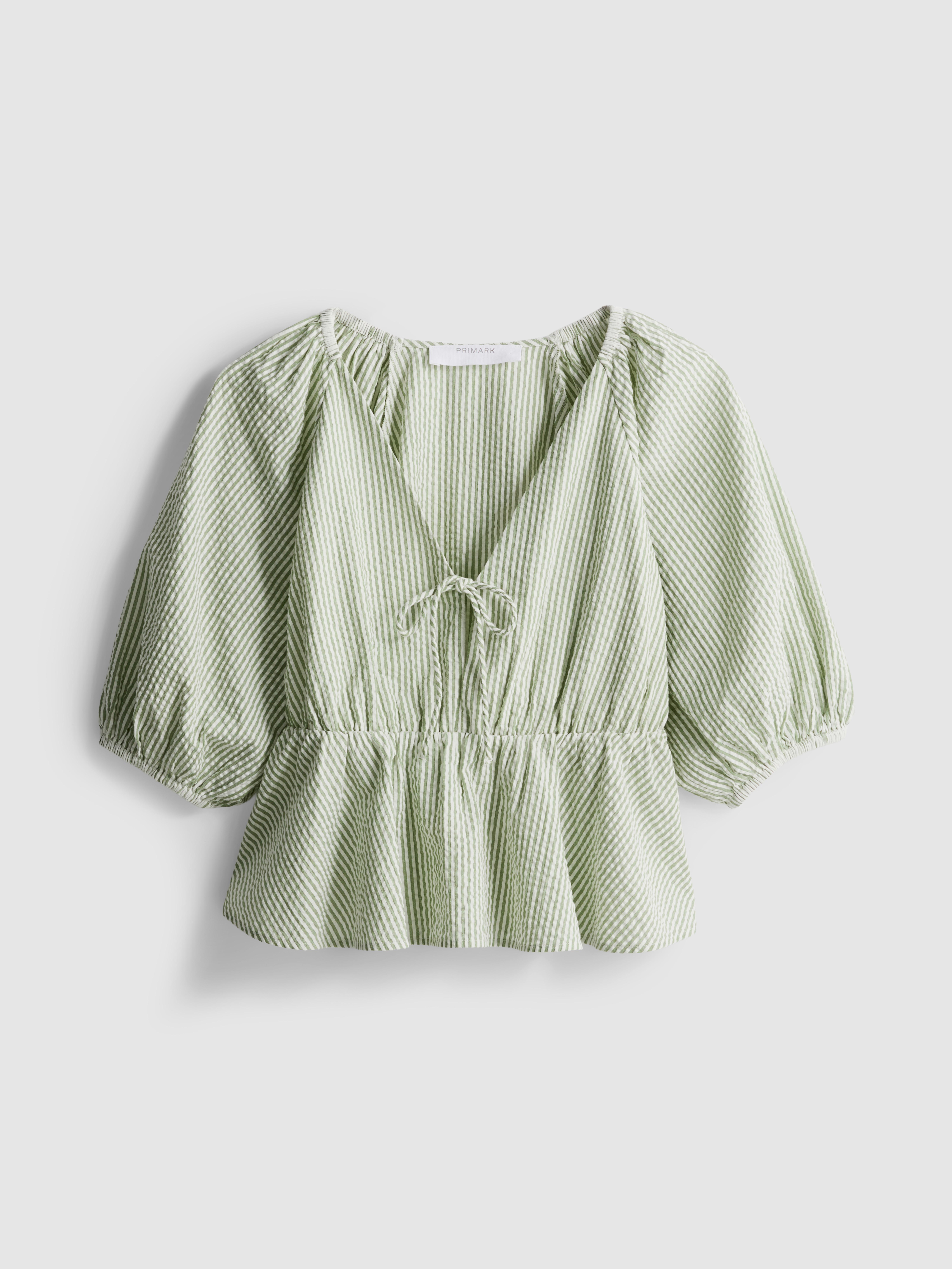 Cotton Seersucker V-Neck Peplum Top