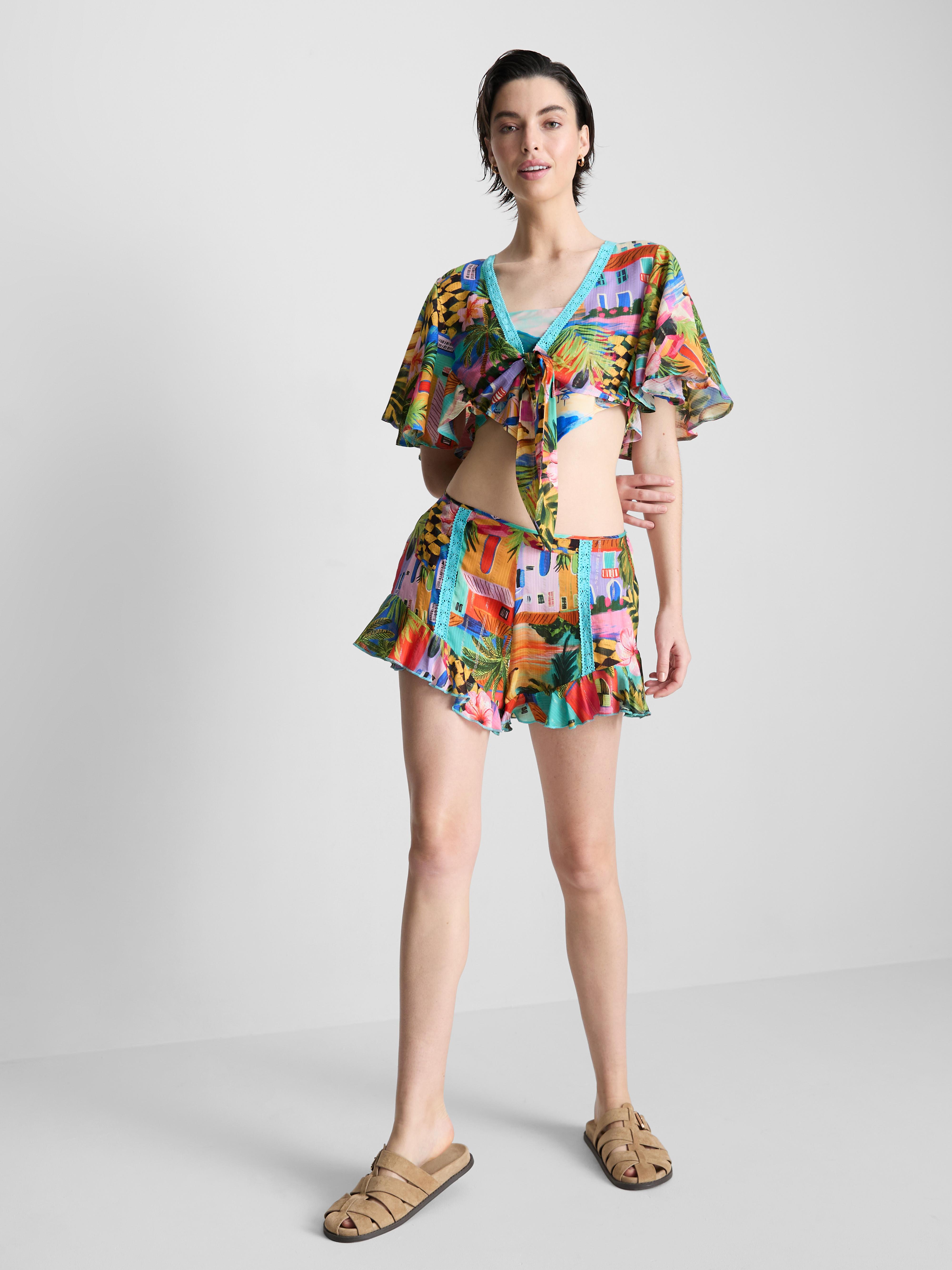 Tropical Printed Cropped Tie Shirt