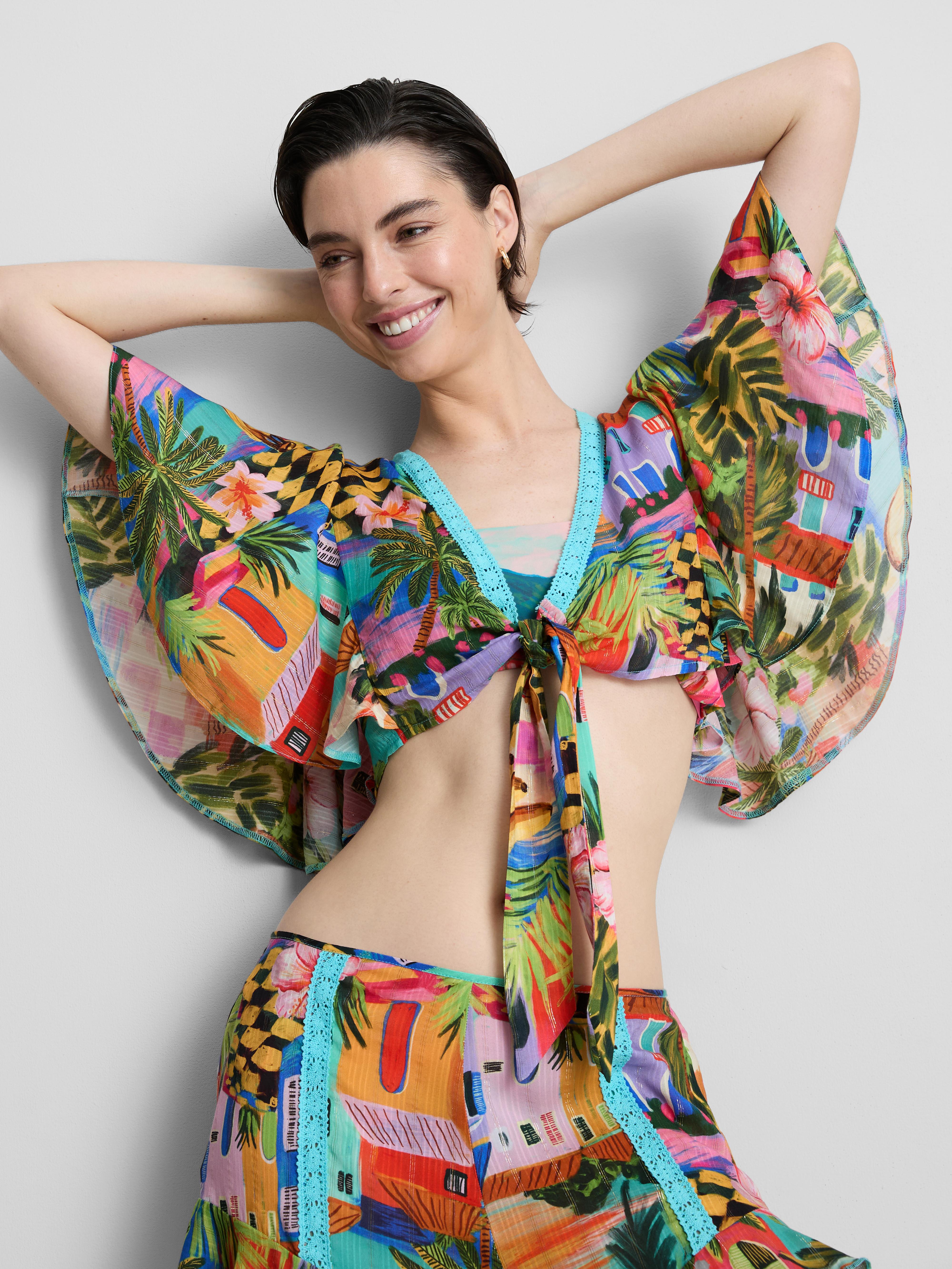 Tropical Printed Cropped Tie Shirt