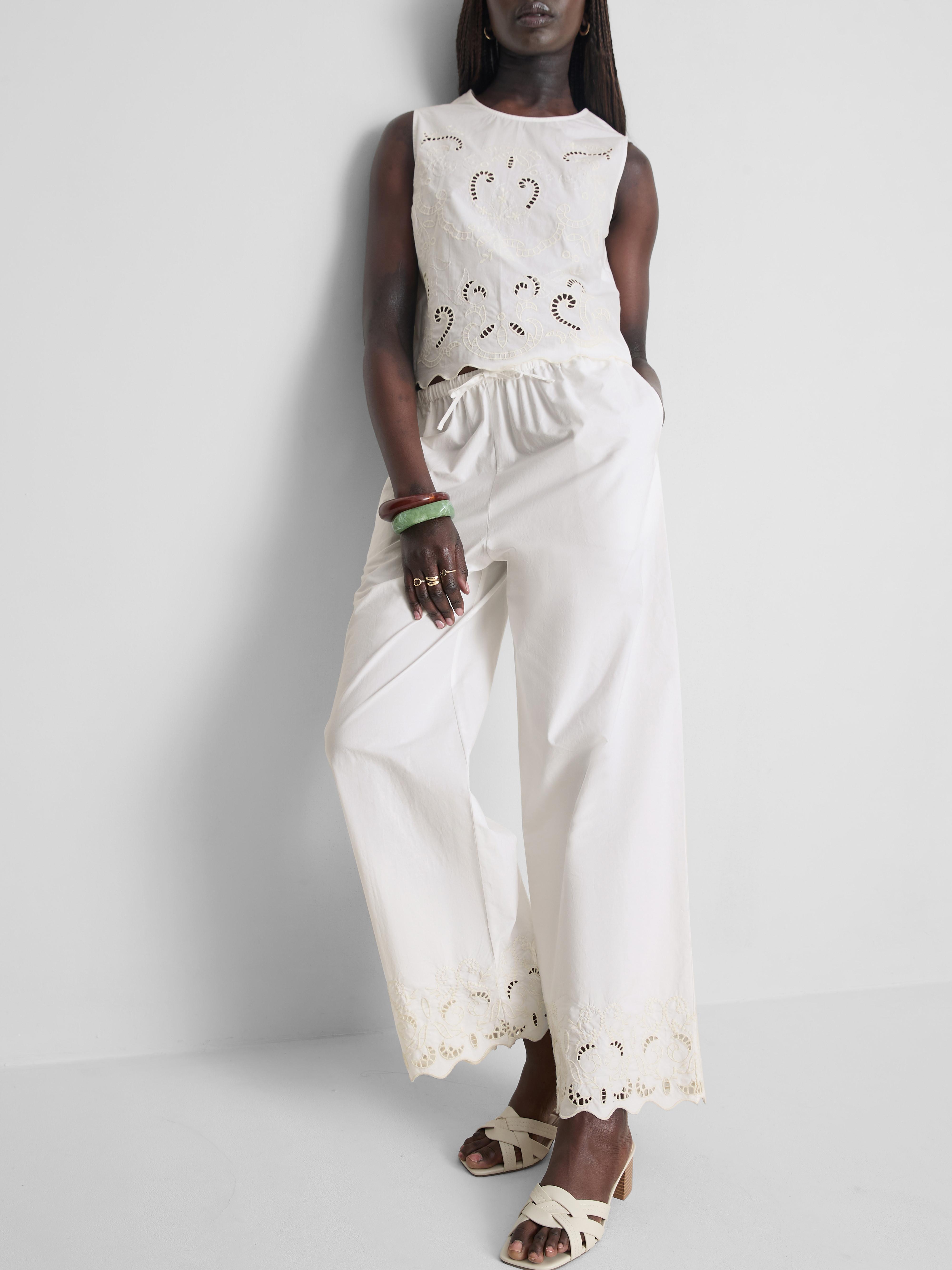 Cotton Wide Leg Embroidered Pants