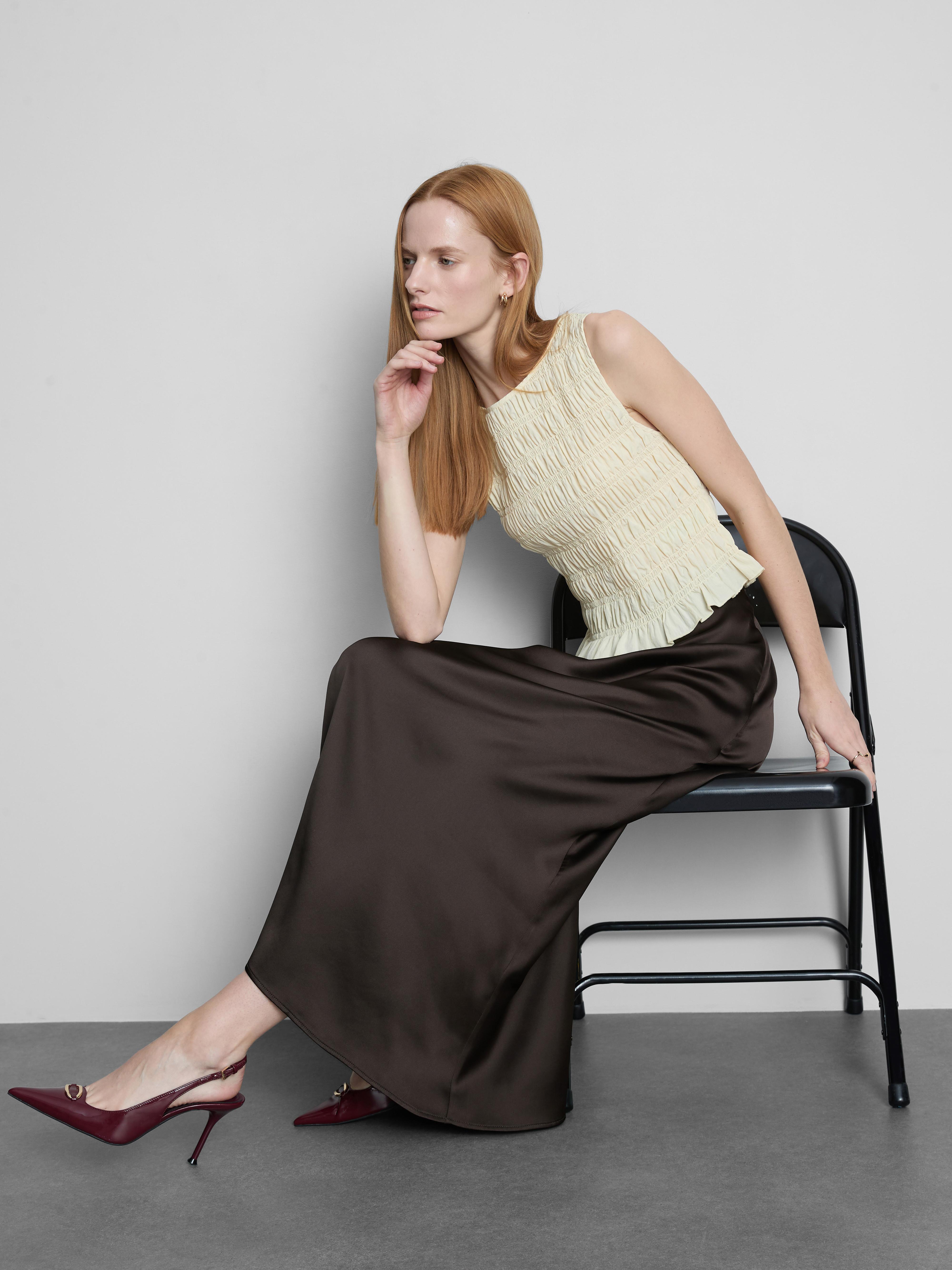 Women's Chocolate Long Satin Bias-Cut Circle Skirt