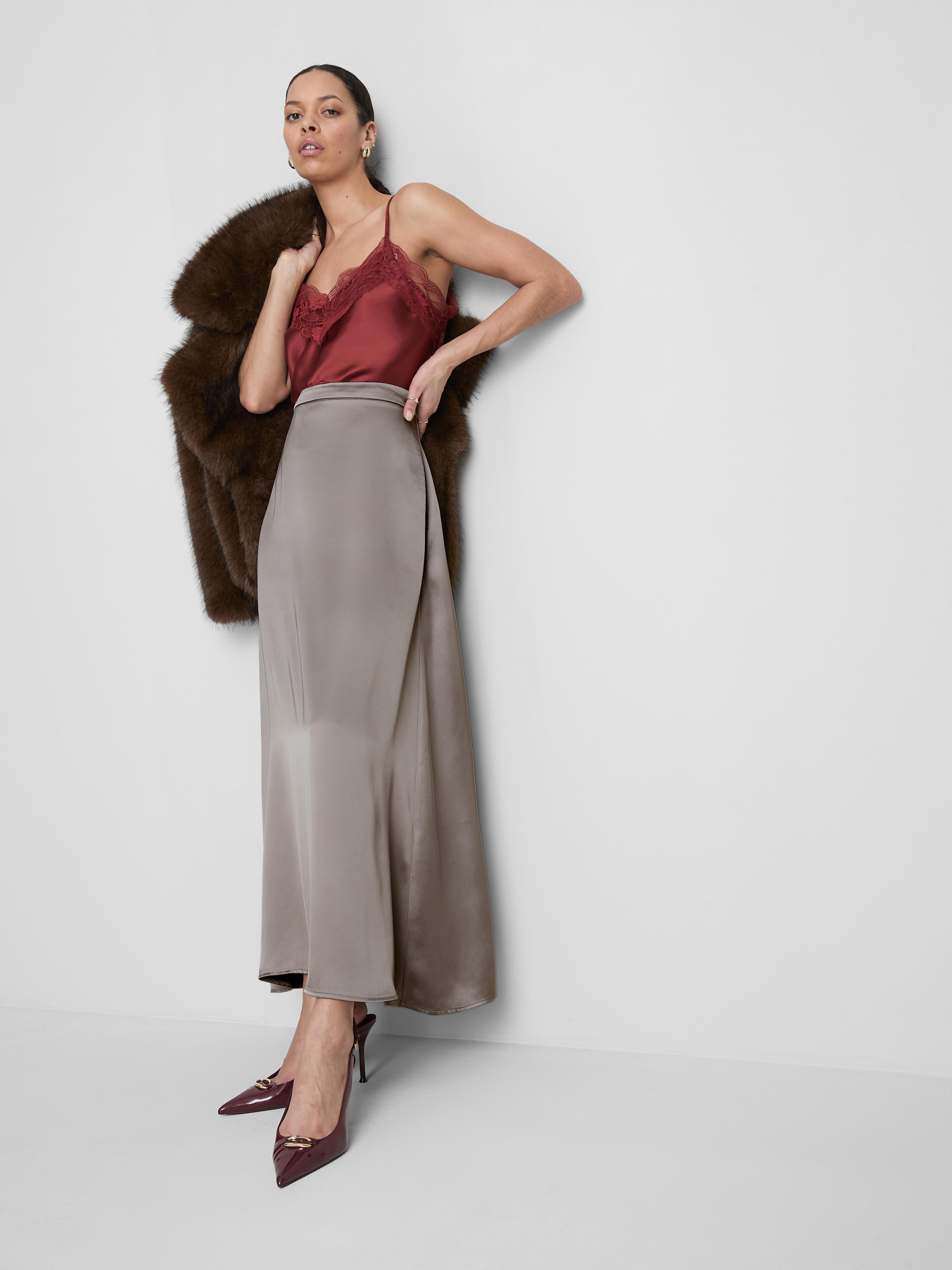 Women's Gray Long Satin Bias-Cut Circle Skirt