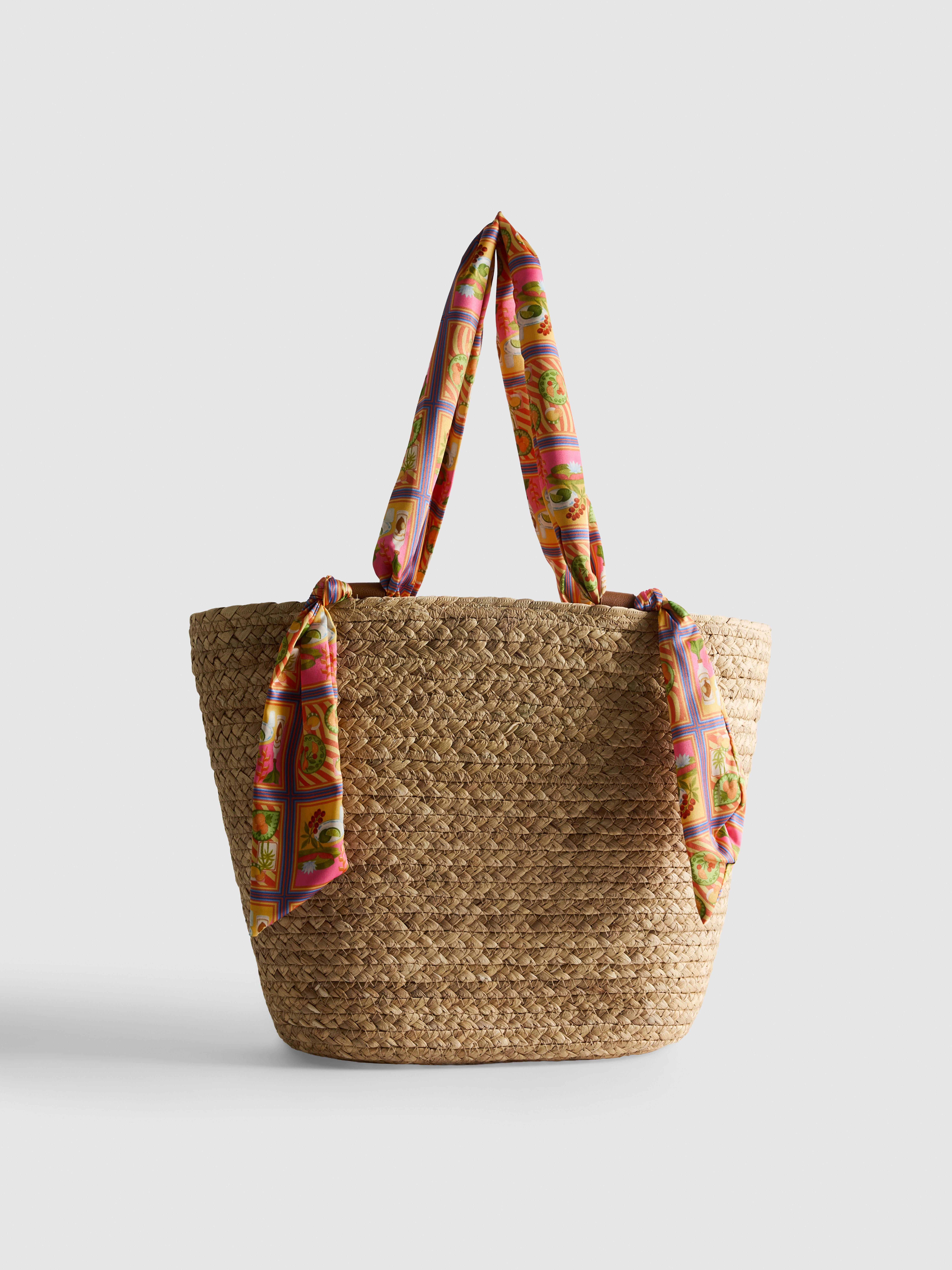 Scarf Handle Straw Shopper Bag