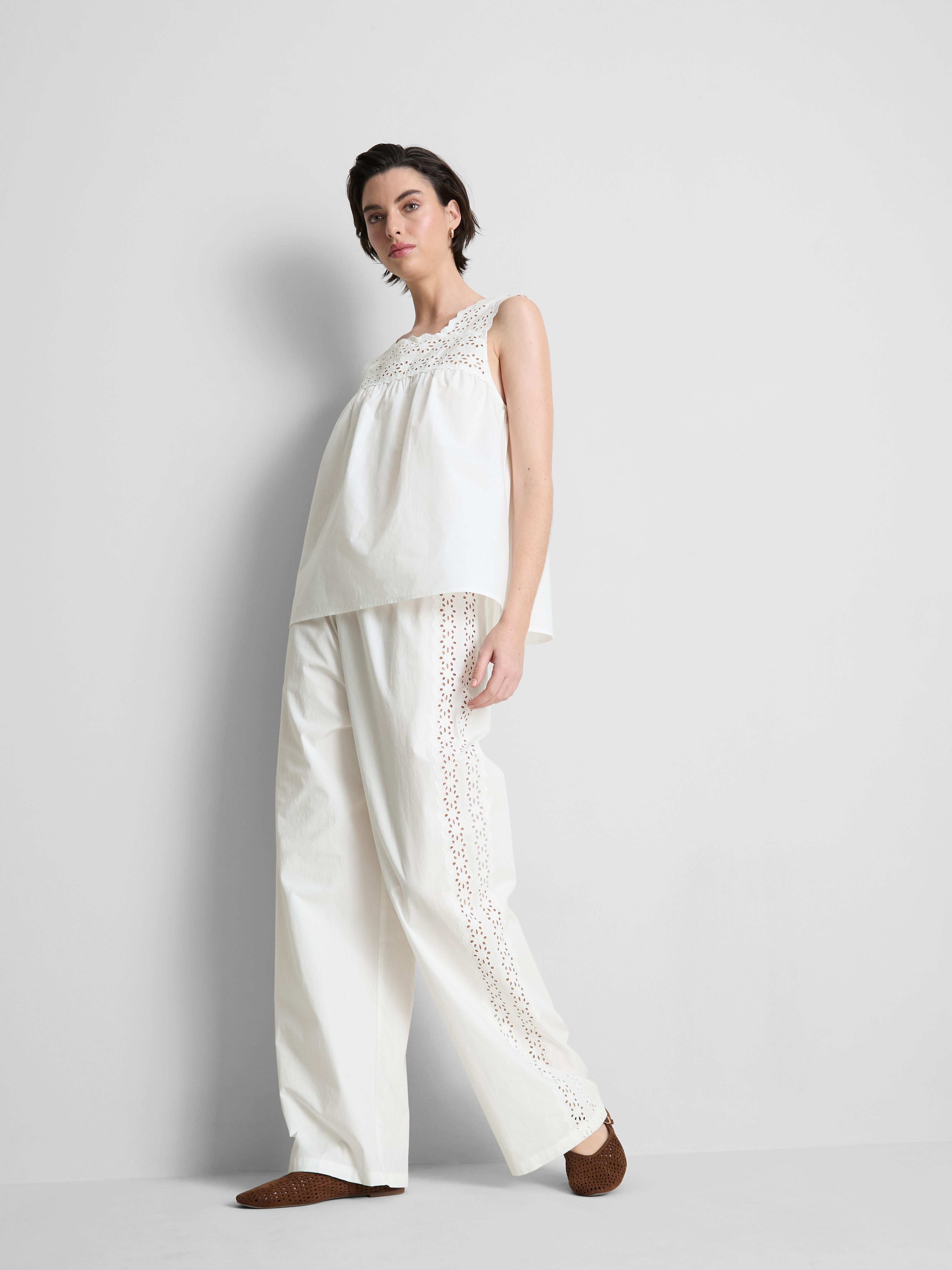 Cotton Wide Leg Broderie Detail Trousers White