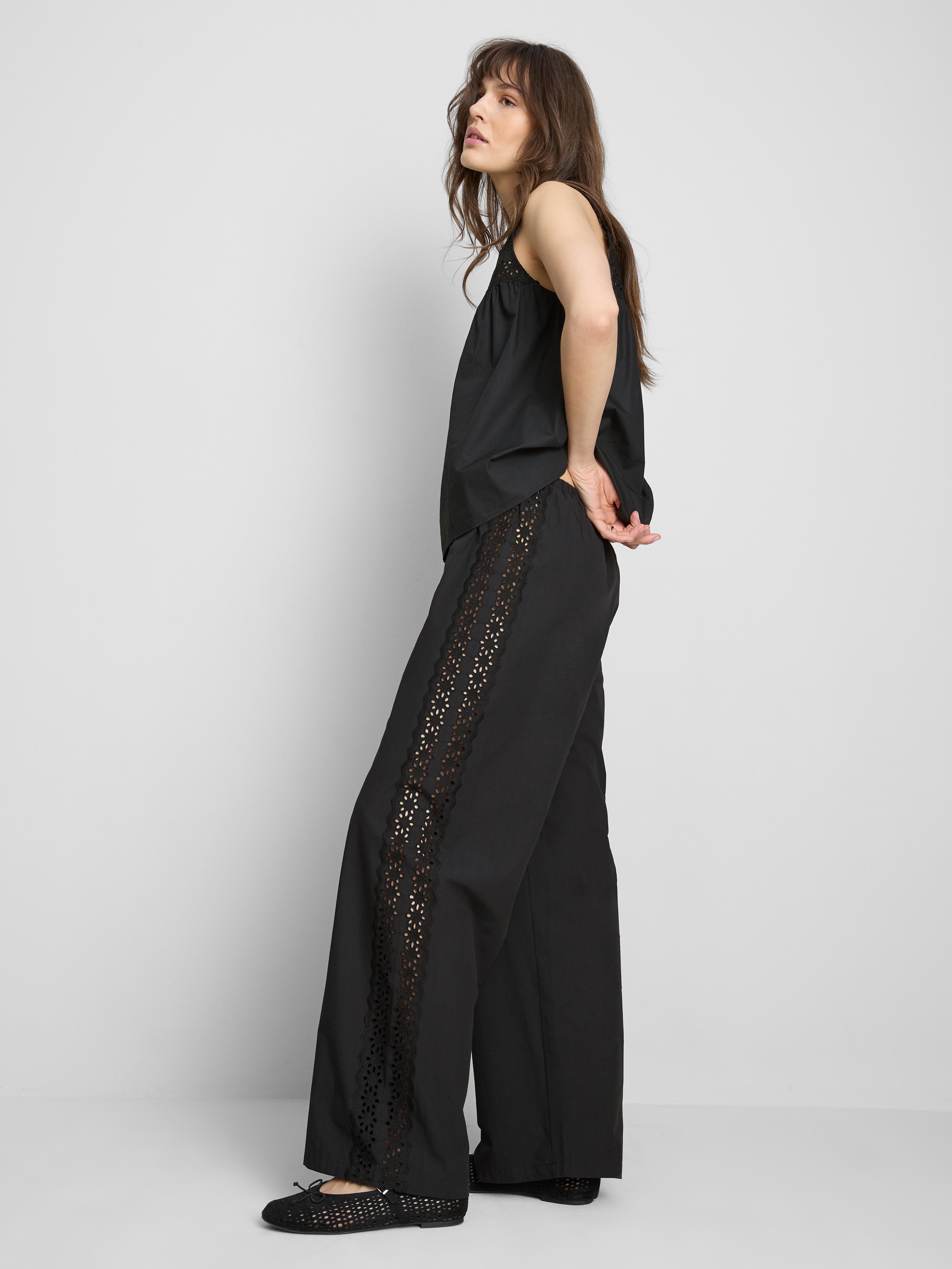 Cotton Wide Leg Broderie Detail Trousers