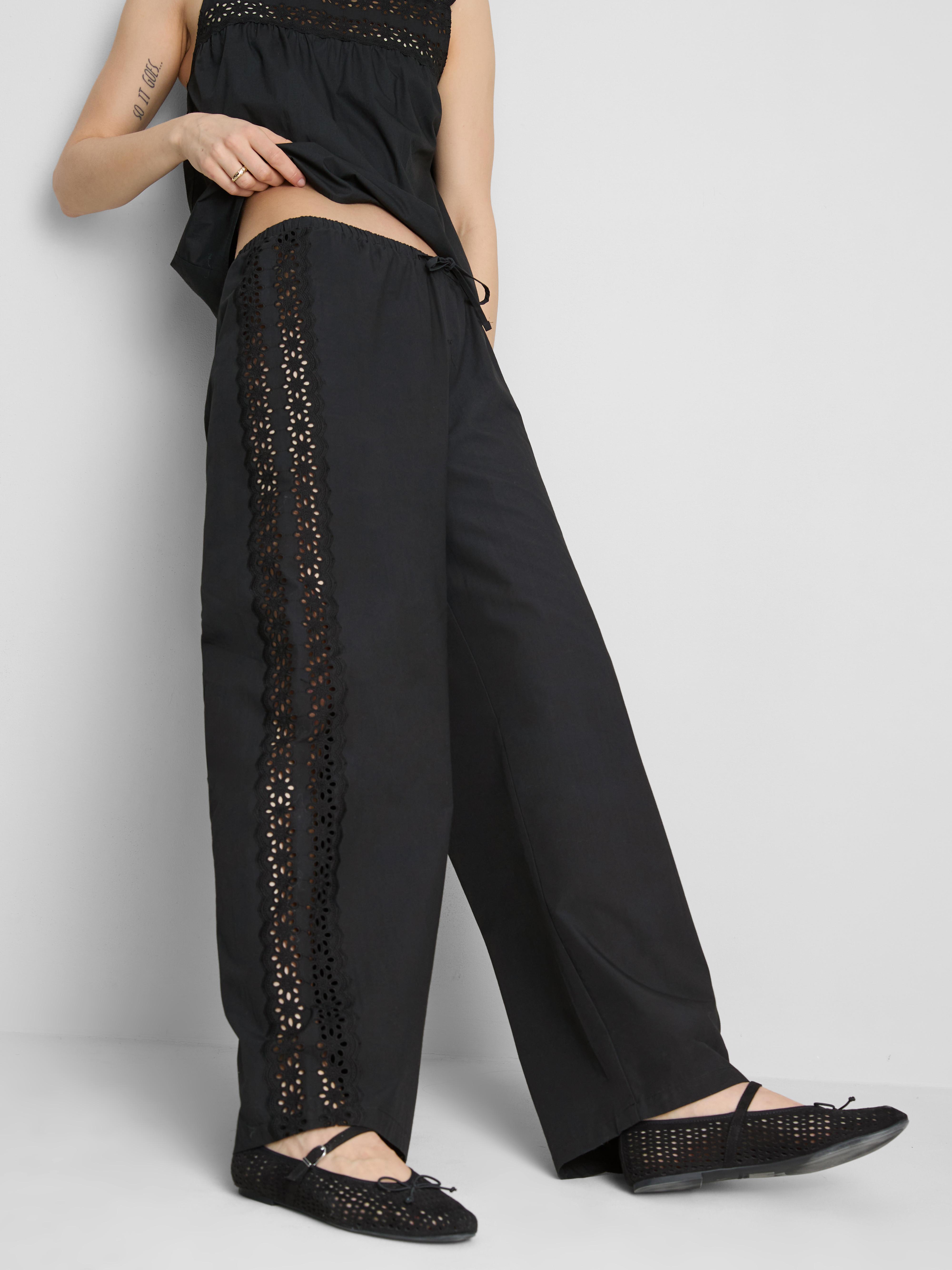Cotton Wide Leg Broderie Detail Trousers