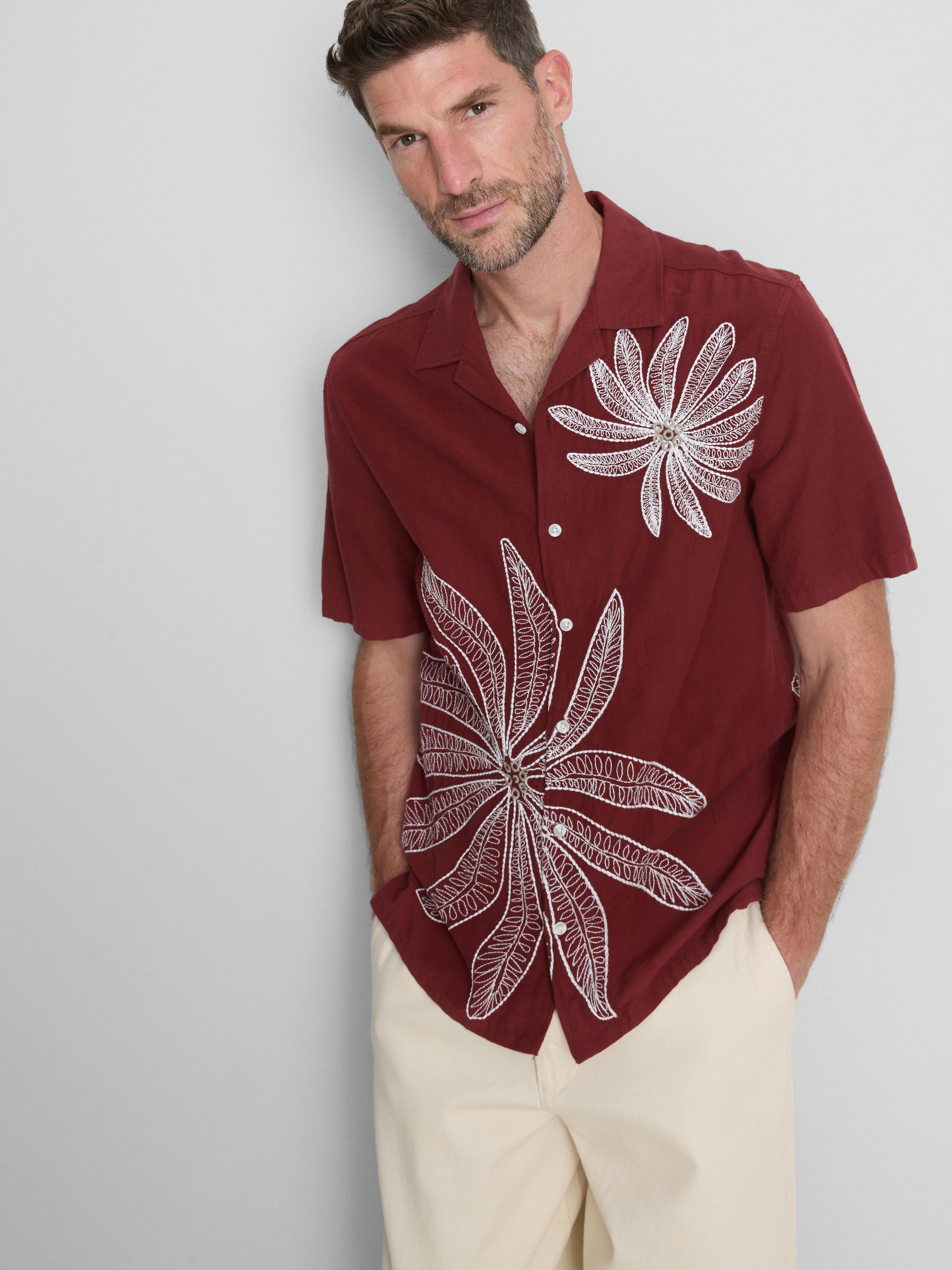 Mens Burgundy Embroidered Revere Collar Shirt | Primark