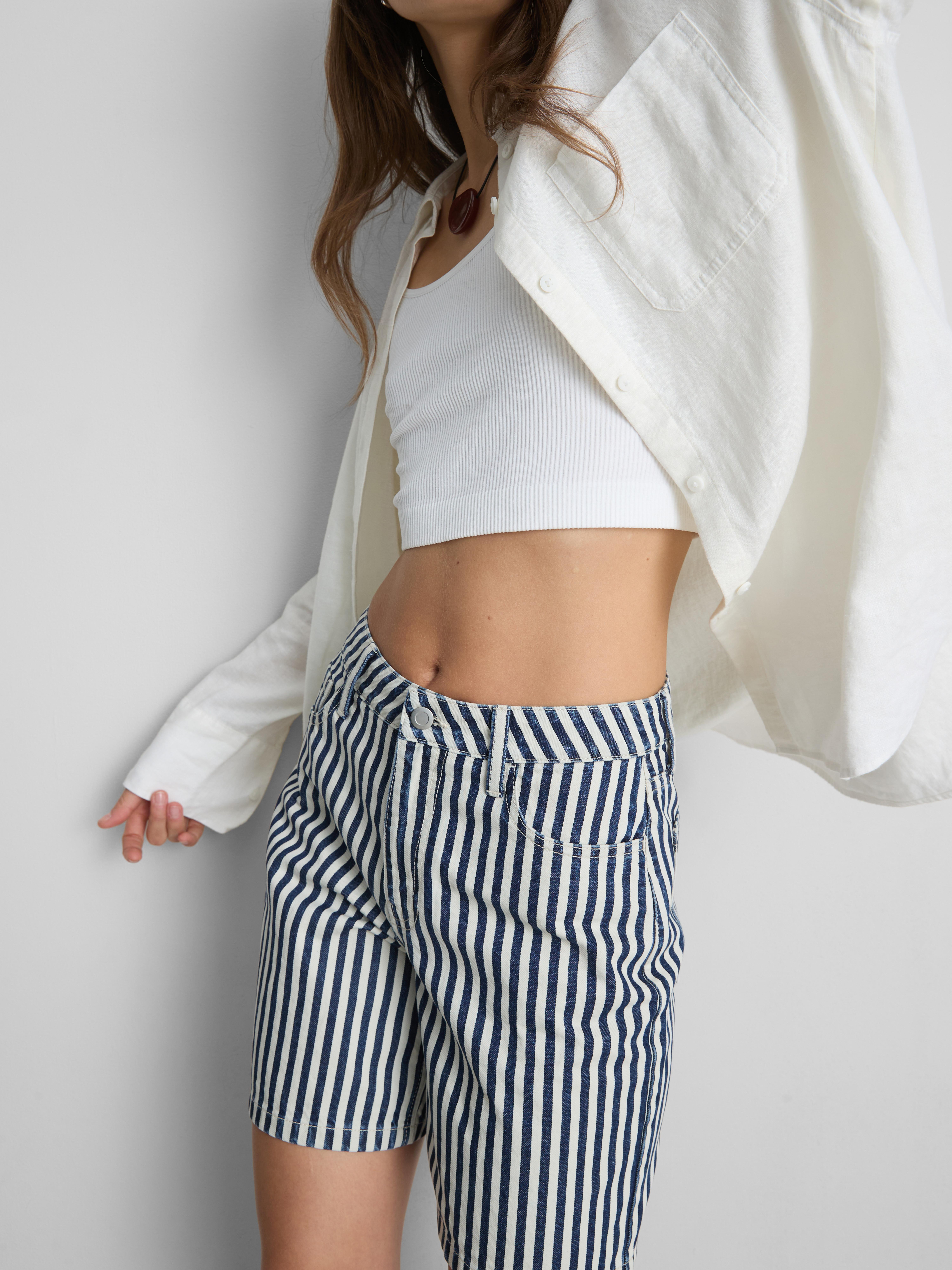 Cotton Denim Striped Bermuda Shorts